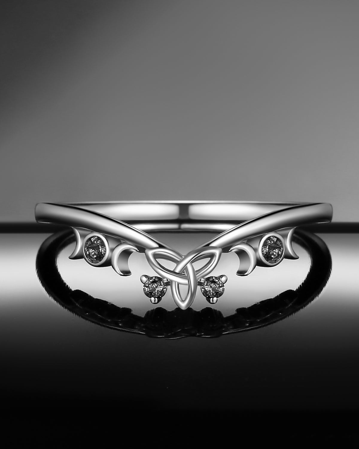 Unique Celtic Moon Inspired Black Rutilated Quartz Chevron Wedding Band