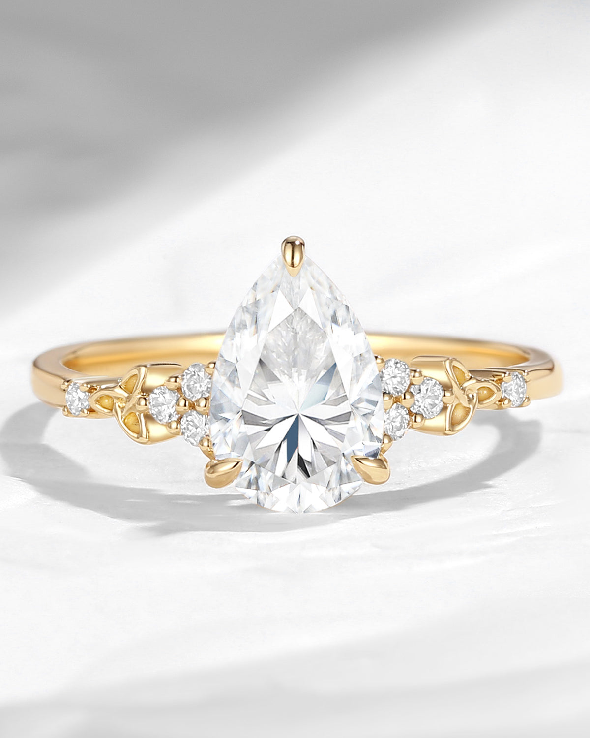 Unique Cluster Pear Cut Moissanite Celtic Solitaire Engagement Ring
