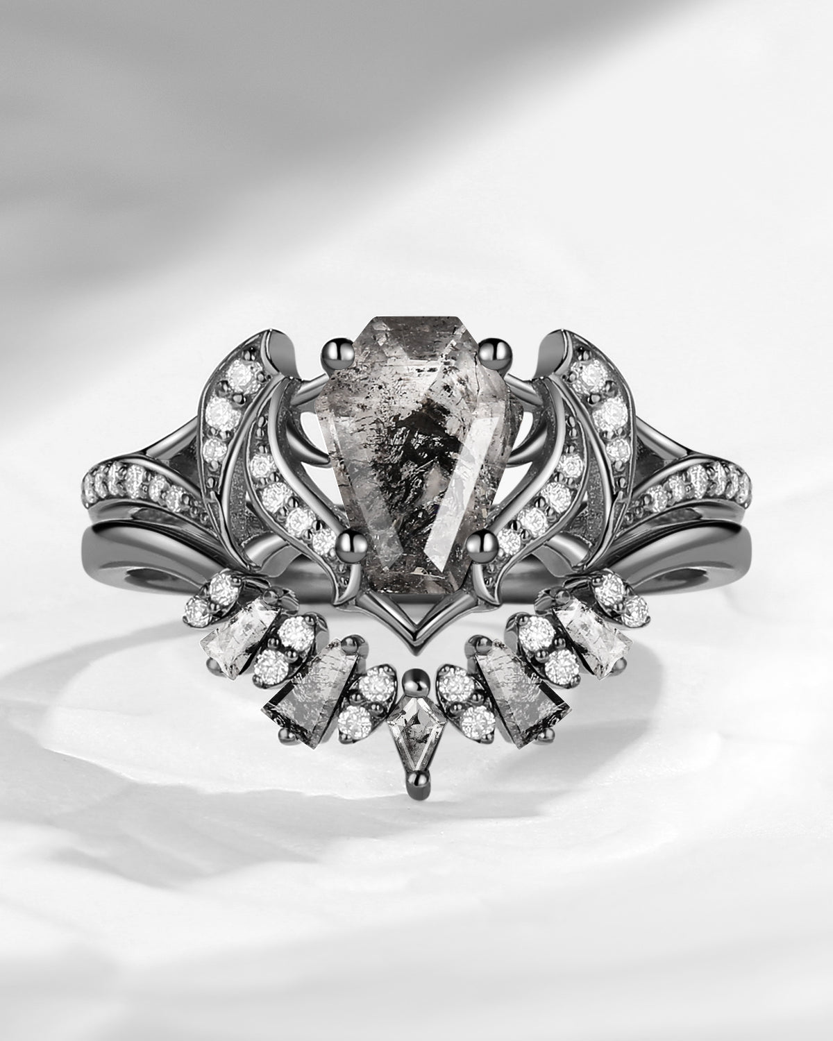 Unique Coffin Cut Herkimer Diamond Bat Wing Inspired Engagement Ring Set 2pcs