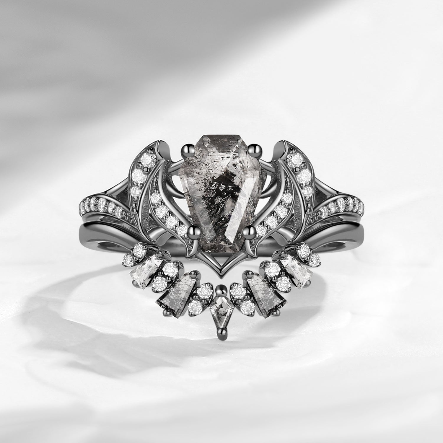 Unique Coffin Cut Herkimer Diamond Bat Wing Inspired Engagement Ring Set 2pcs