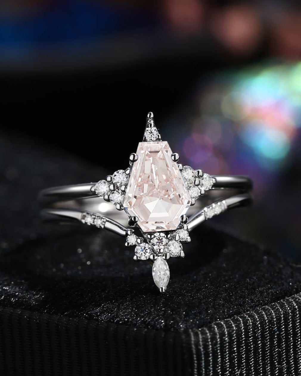 Unique Coffin Pink Lab Diamond Engagement Star Ring Set 2pcs - Coffin Kite