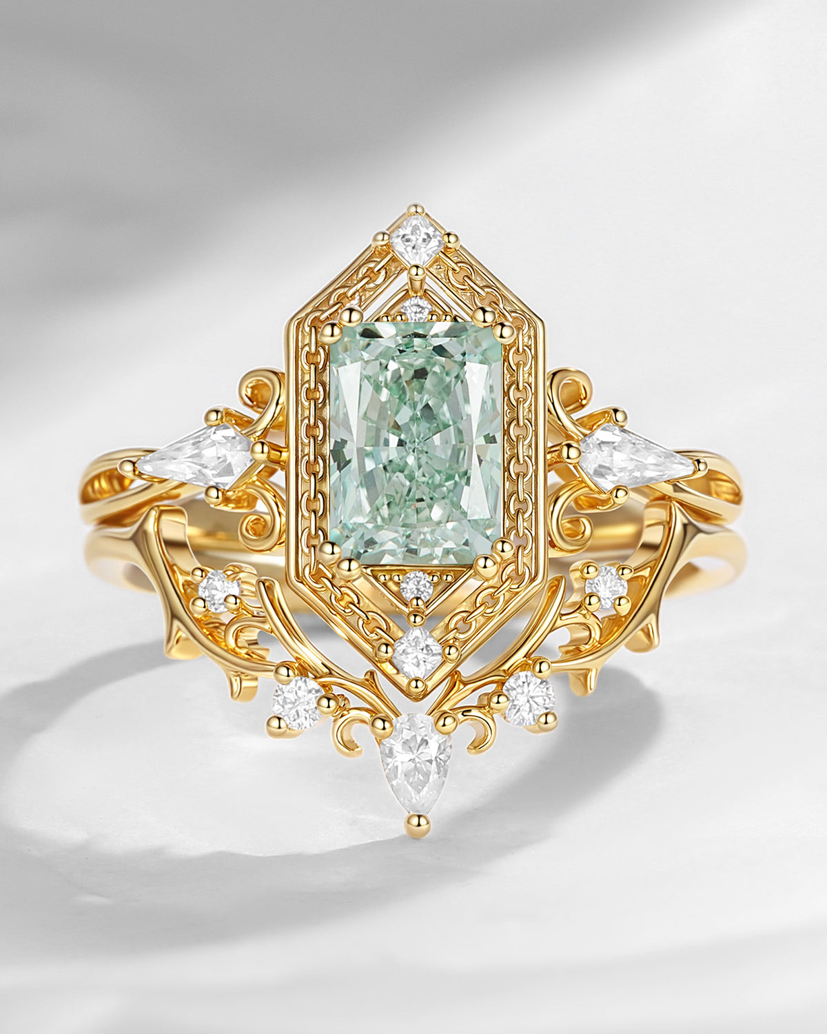 Unique Emerald Cut Green Lab Diamond 'Fallen Aegis' Gothic Engagement Ring Bridal Set 2pcs
