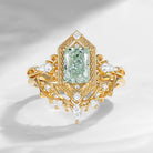 Unique Emerald Cut Green Lab Diamond 'Fallen Aegis' Gothic Engagement Ring Bridal Set 2pcs