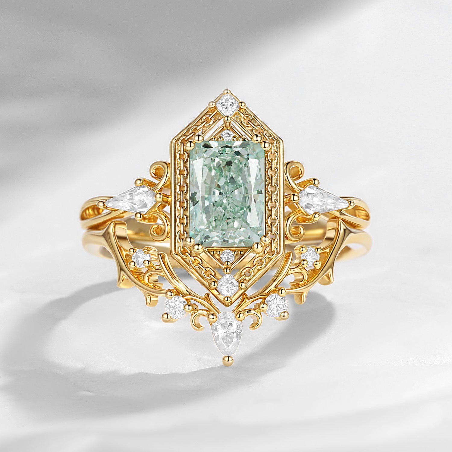 Unique Emerald Cut Green Lab Diamond 'Fallen Aegis' Gothic Engagement Ring Bridal Set 2pcs