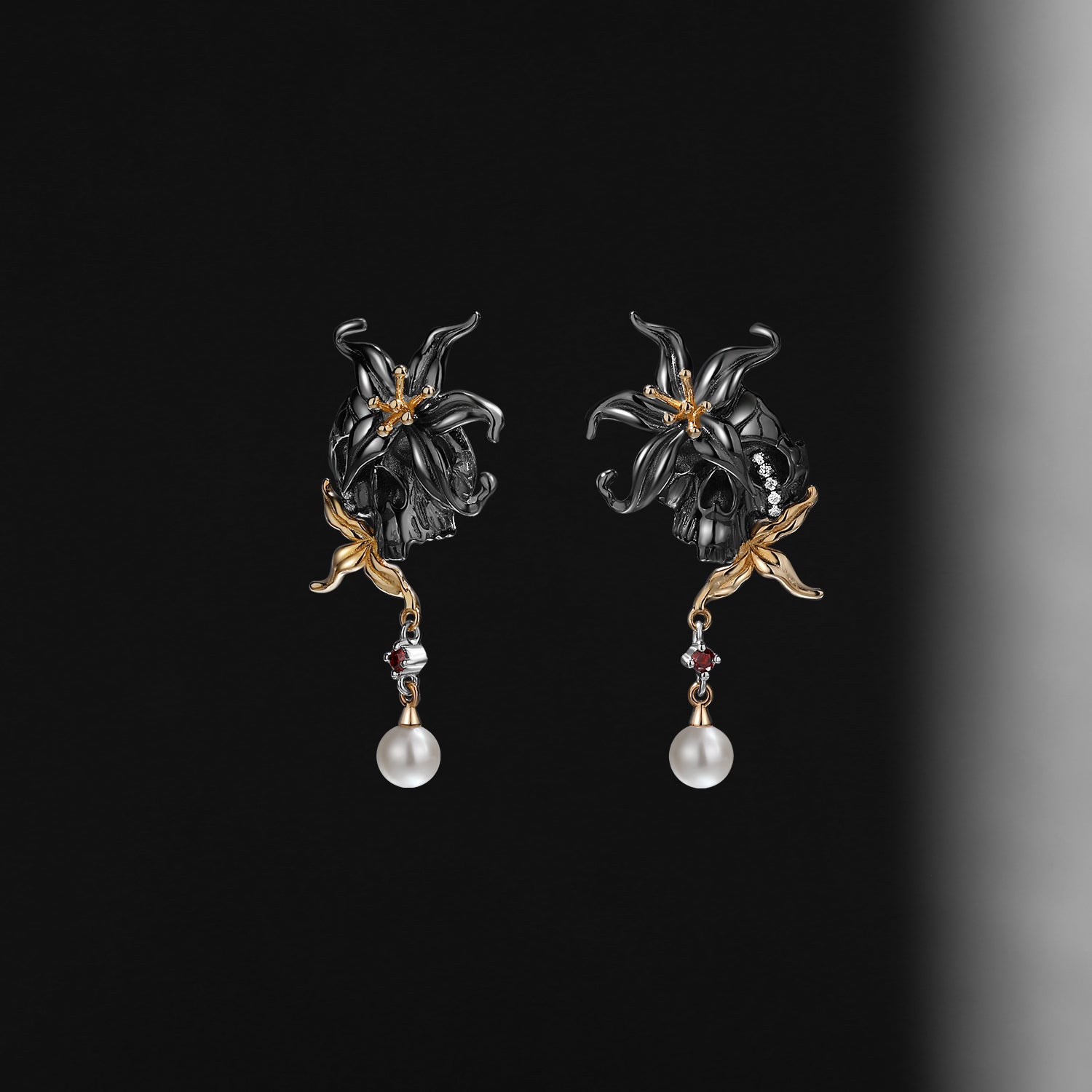 Unique Gothic Flower Inspired Skull & Skeleton Pearl Earrings Halloween Jewelry Gift
