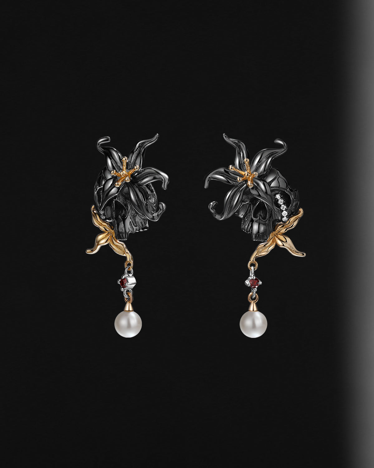 Unique Gothic Flower Inspired Skull & Skeleton Pearl Halloween Earrings