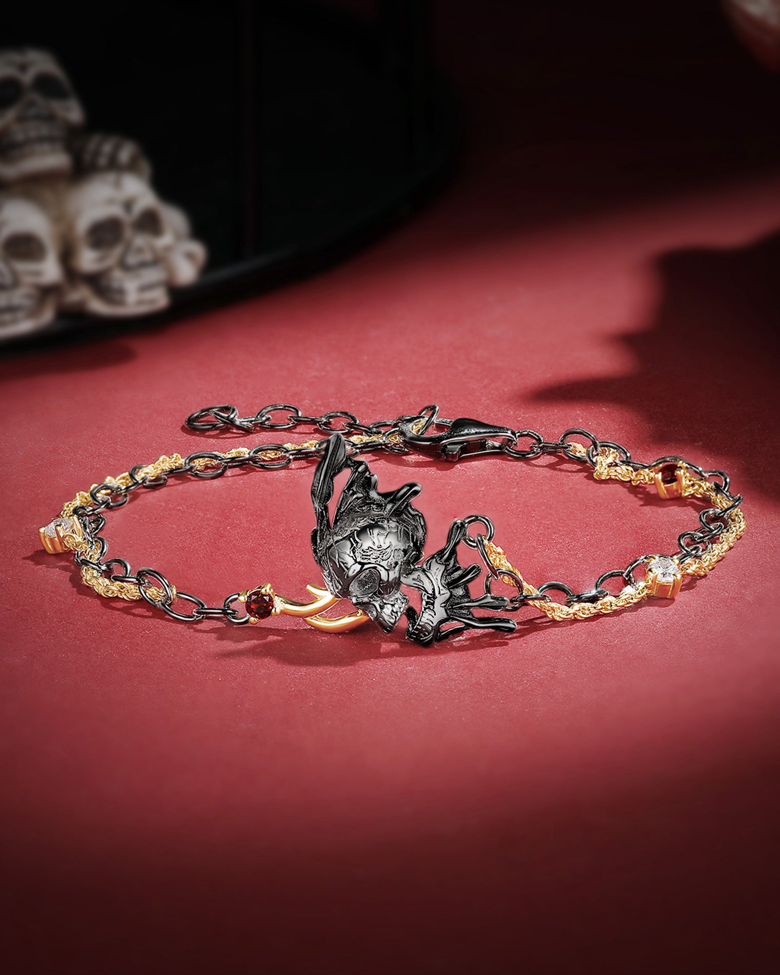 Unique Gothic Style Butterfly Skull & Skeleton Two-Toned Bracelet Halloween Jewelry