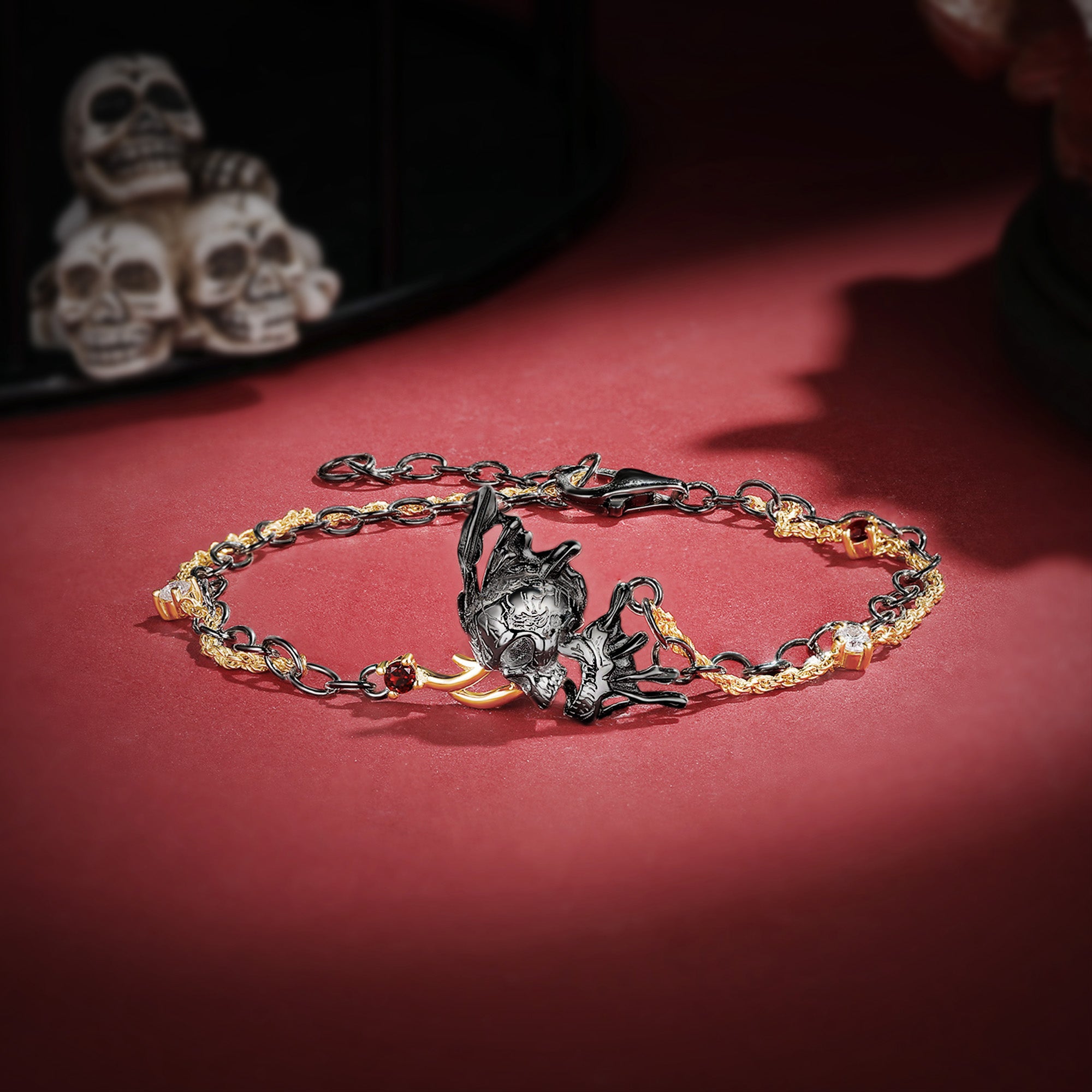 Unique Gothic Style Buttterfly Skull & Skeleton Two-Toned Bracelet Halloween Jewelry