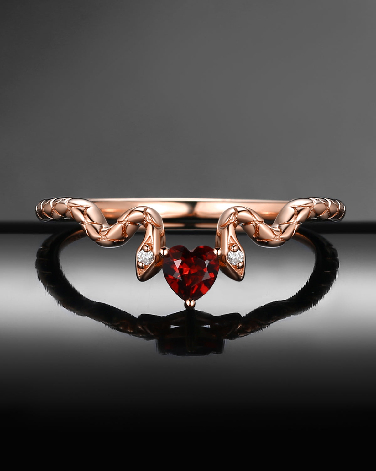 Unique Gothic Style Heart Shaped Garnet 'Serpent's Embrace' Wedding Band