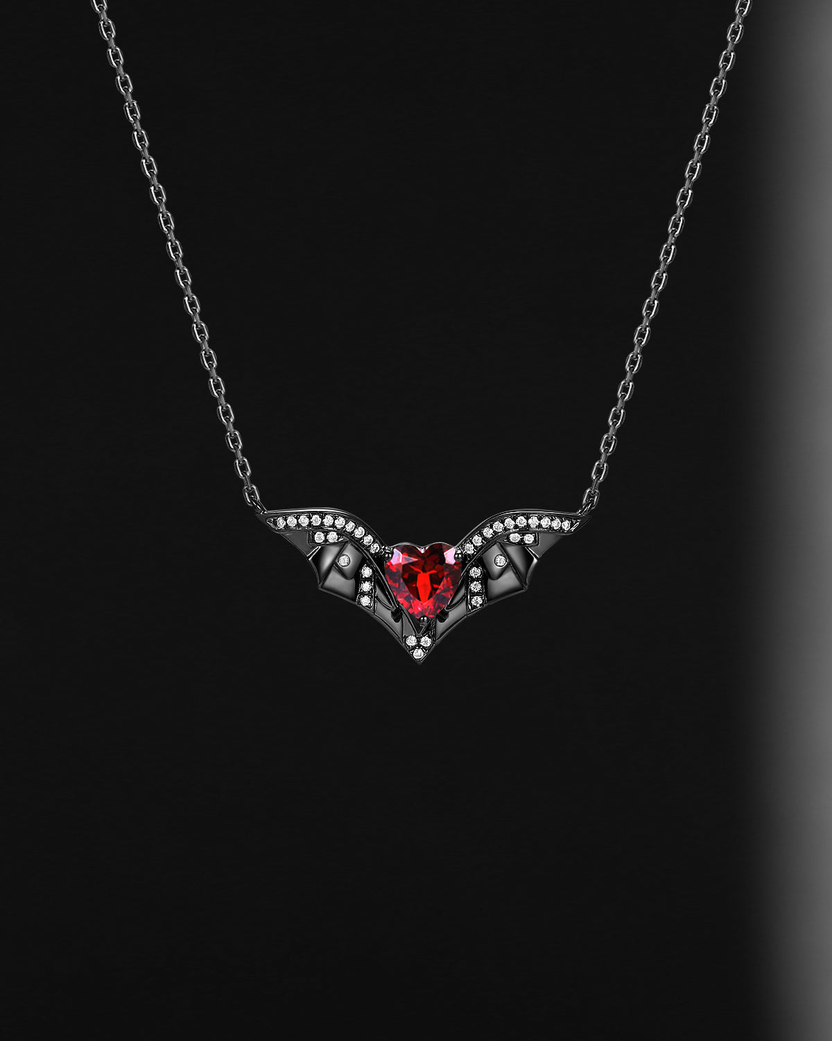 Unique Heart Shaped Garnet Necklace Bat Wing Halloween Jewelry