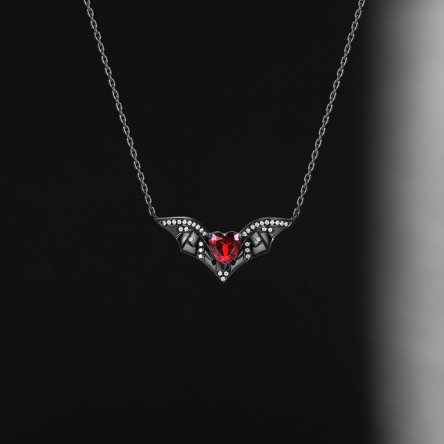 Unique Heart Shaped Garnet Necklace Bat Wing Halloween Jewelry