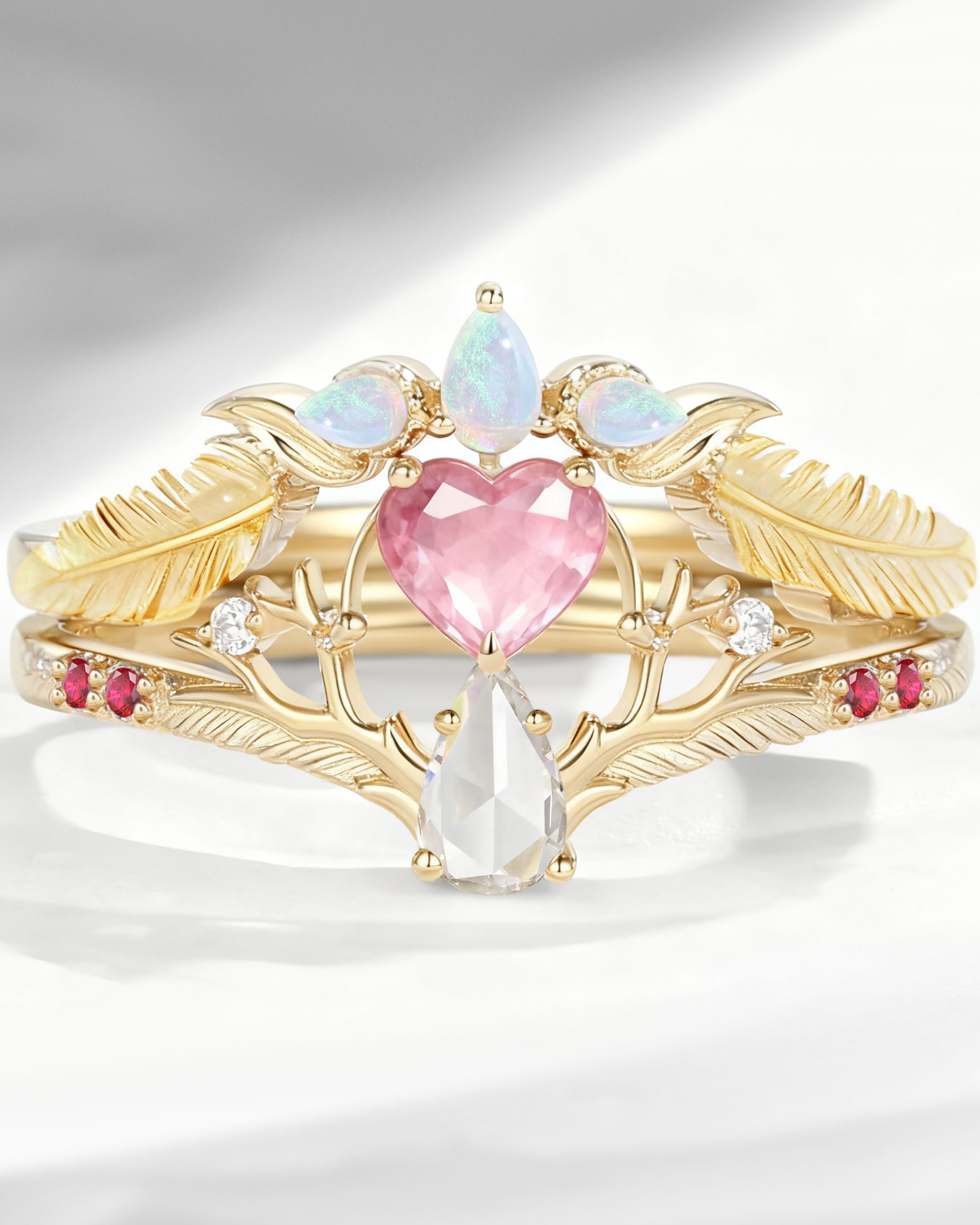 Unique Heart Shaped Lab Pink Sapphire + Pear Shaped Moissanite 'Tree of Life' Engagement Ring Set 2pcs