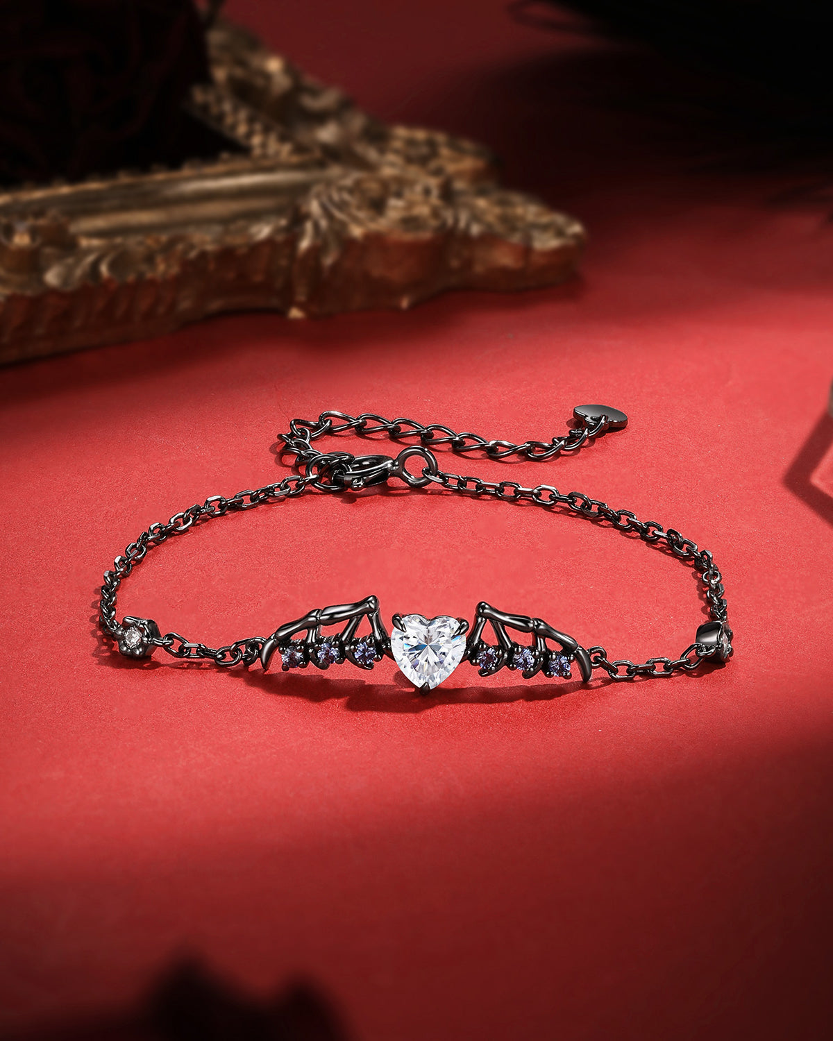 Unique Heart Shaped Moissanite Gothic Style Bat Wing Bracelet Halloween Jewelry