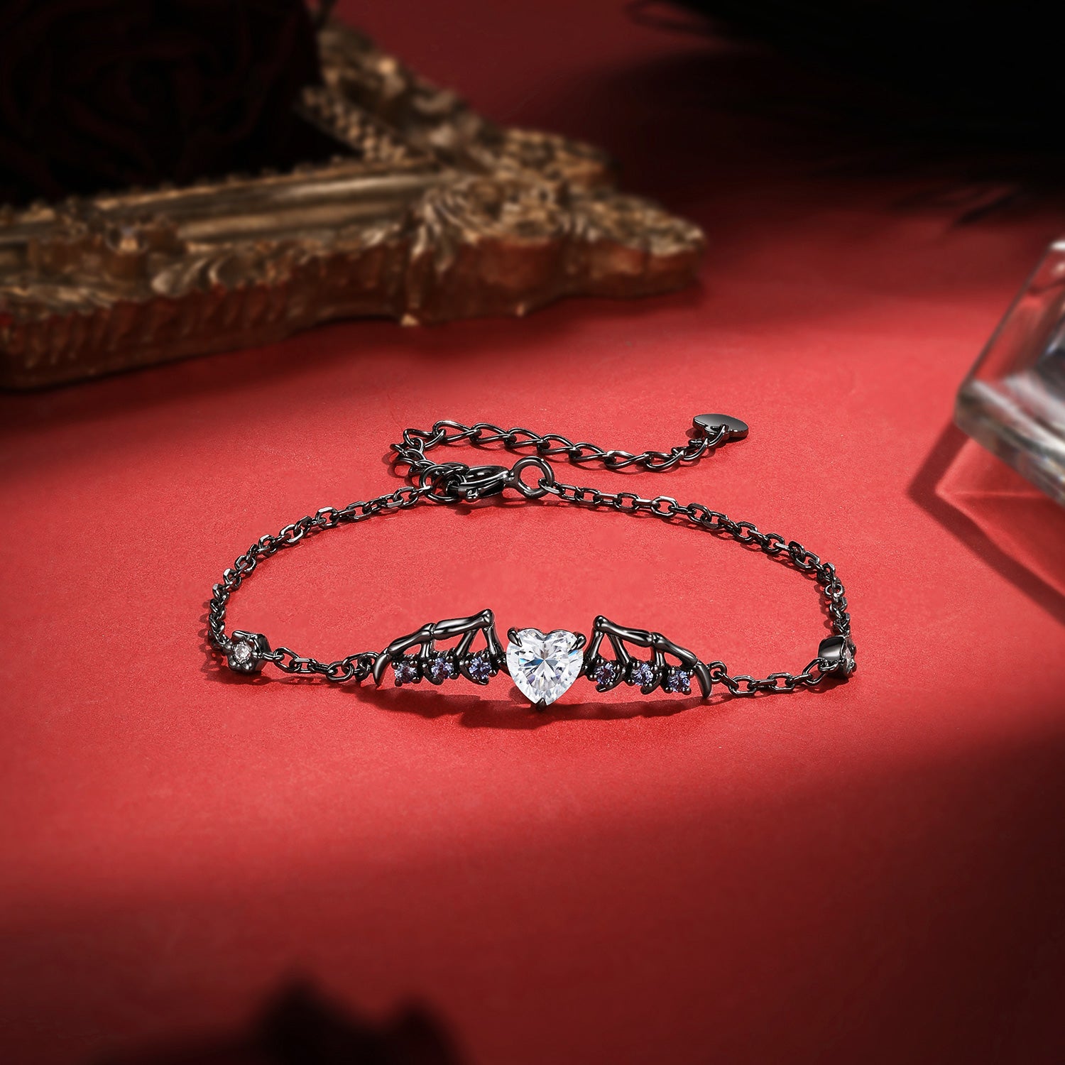 Unique Heart Shaped Moissanite Gothic Style Bat Wing Bracelet Halloween Jewelry