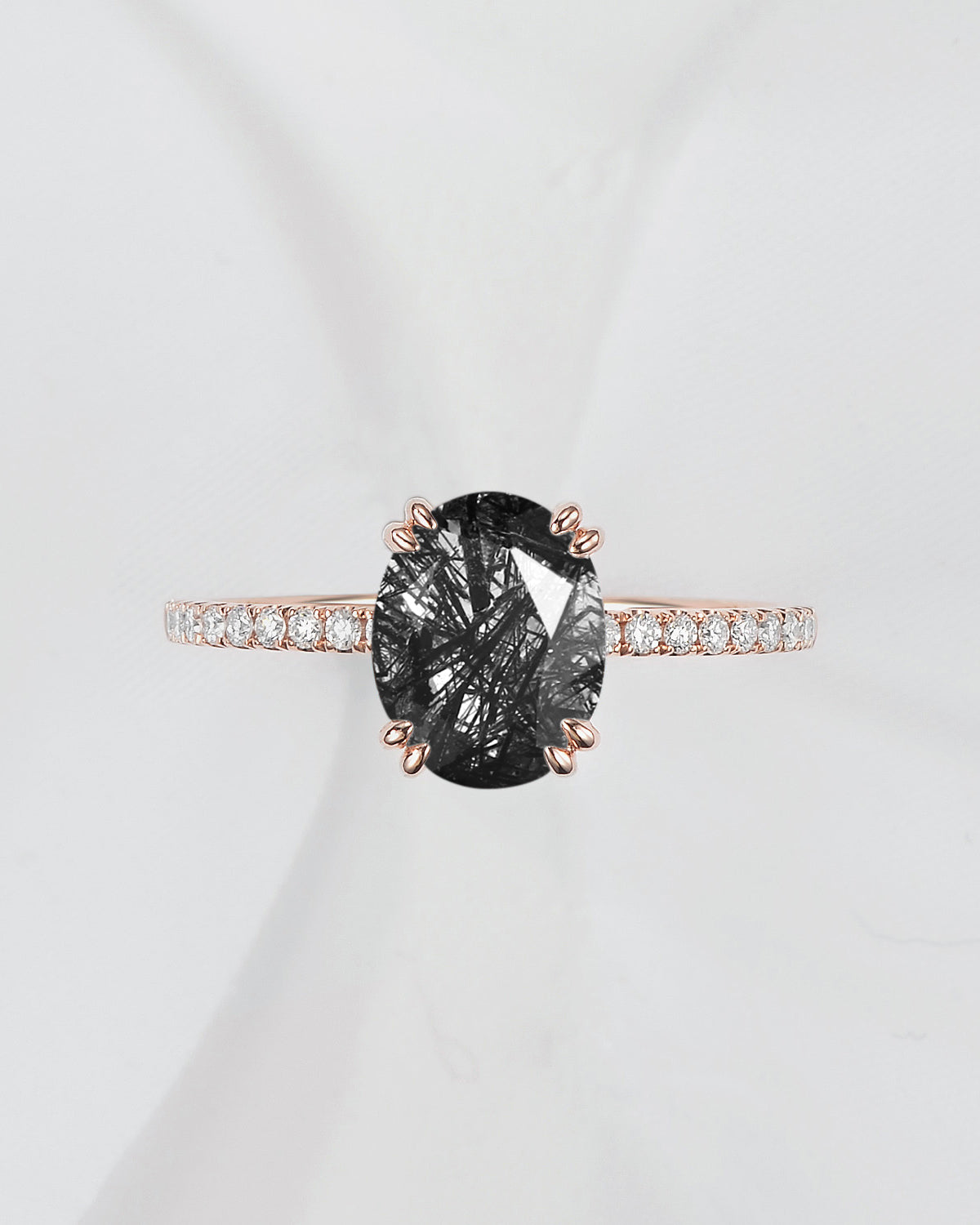 Unique Oval Cut Black Rutilated Quartz Classic Pavé Engagement Ring