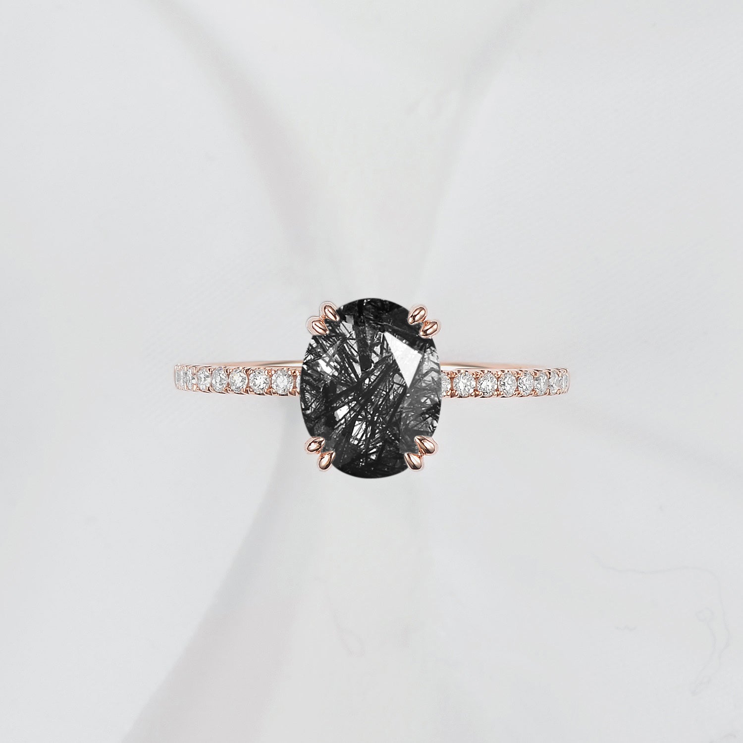 Unique Oval Cut Black Rutilated Quartz Classic Pavé Engagement Ring