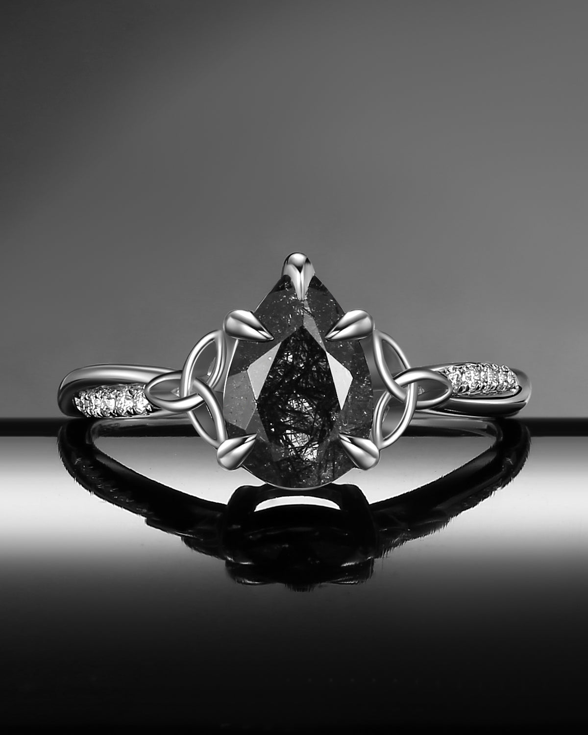 Unique Pear Cut Black Rutilated Quartz Celtic Inspired Infinity Engagement Ring