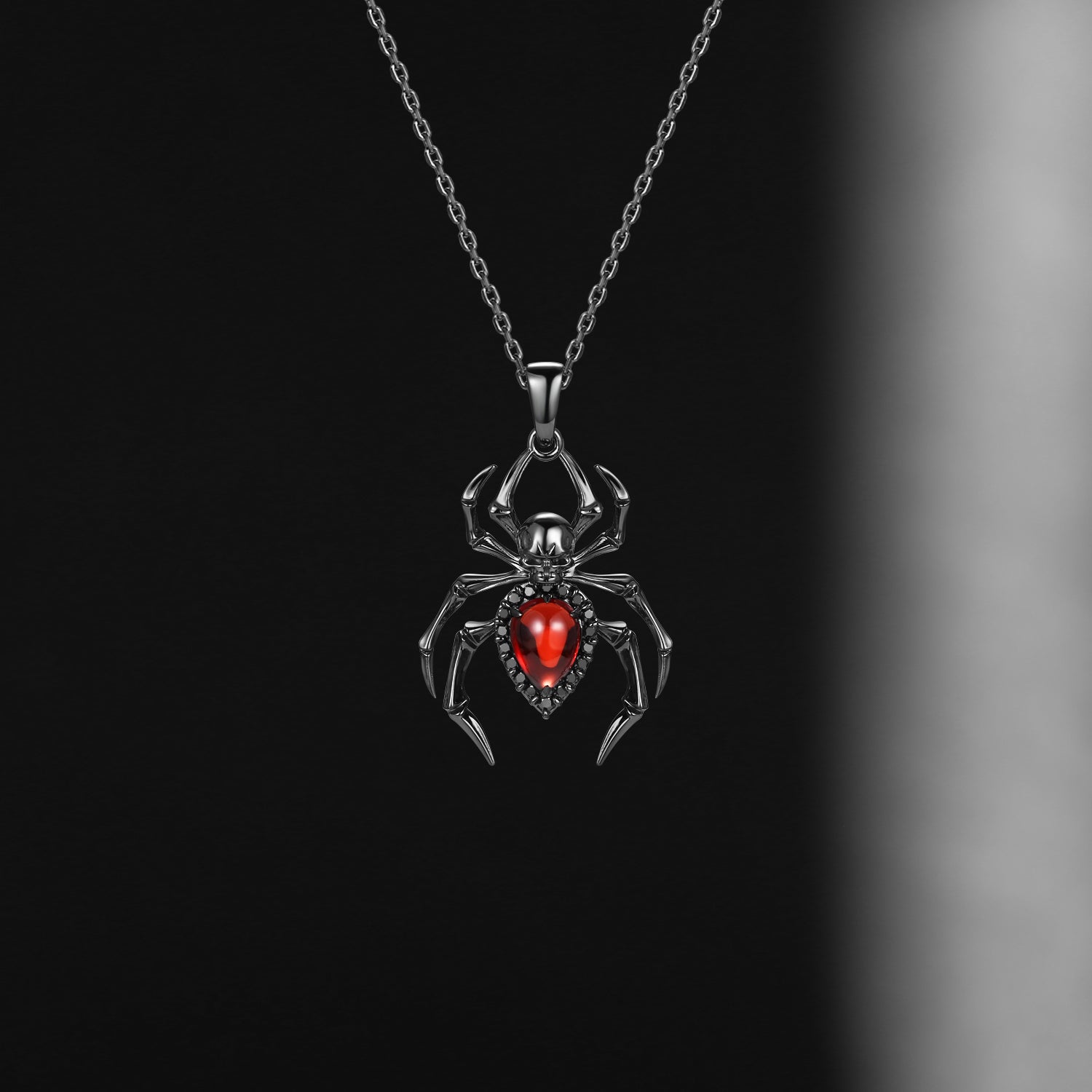 Unique Spider & Skull Pear Cut Garnet Halloween Gothic Pendant Necklace