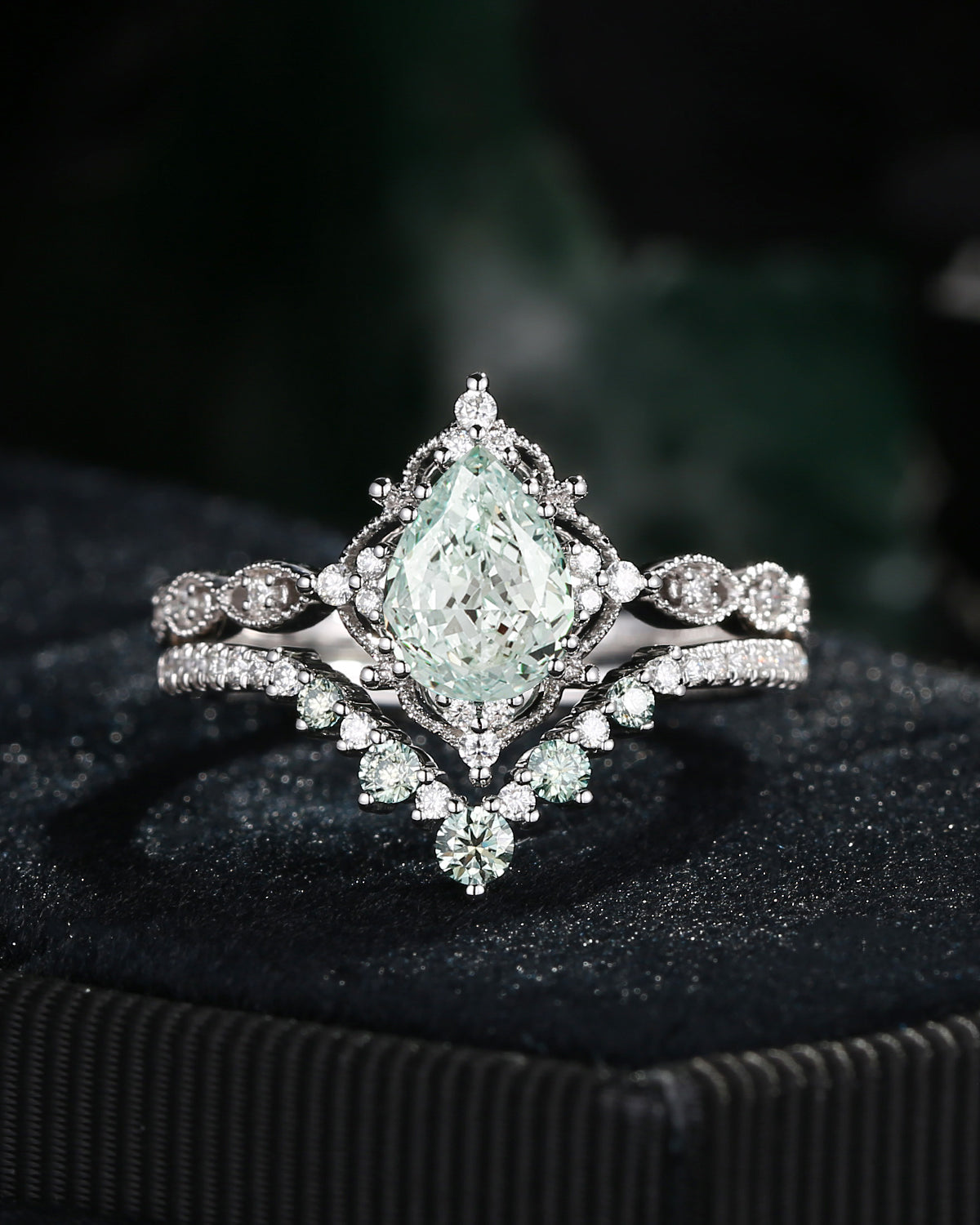 Vantage Inspired Pear Cut Green Lab Diamond Engagement Ring Bridal Set 2pcs