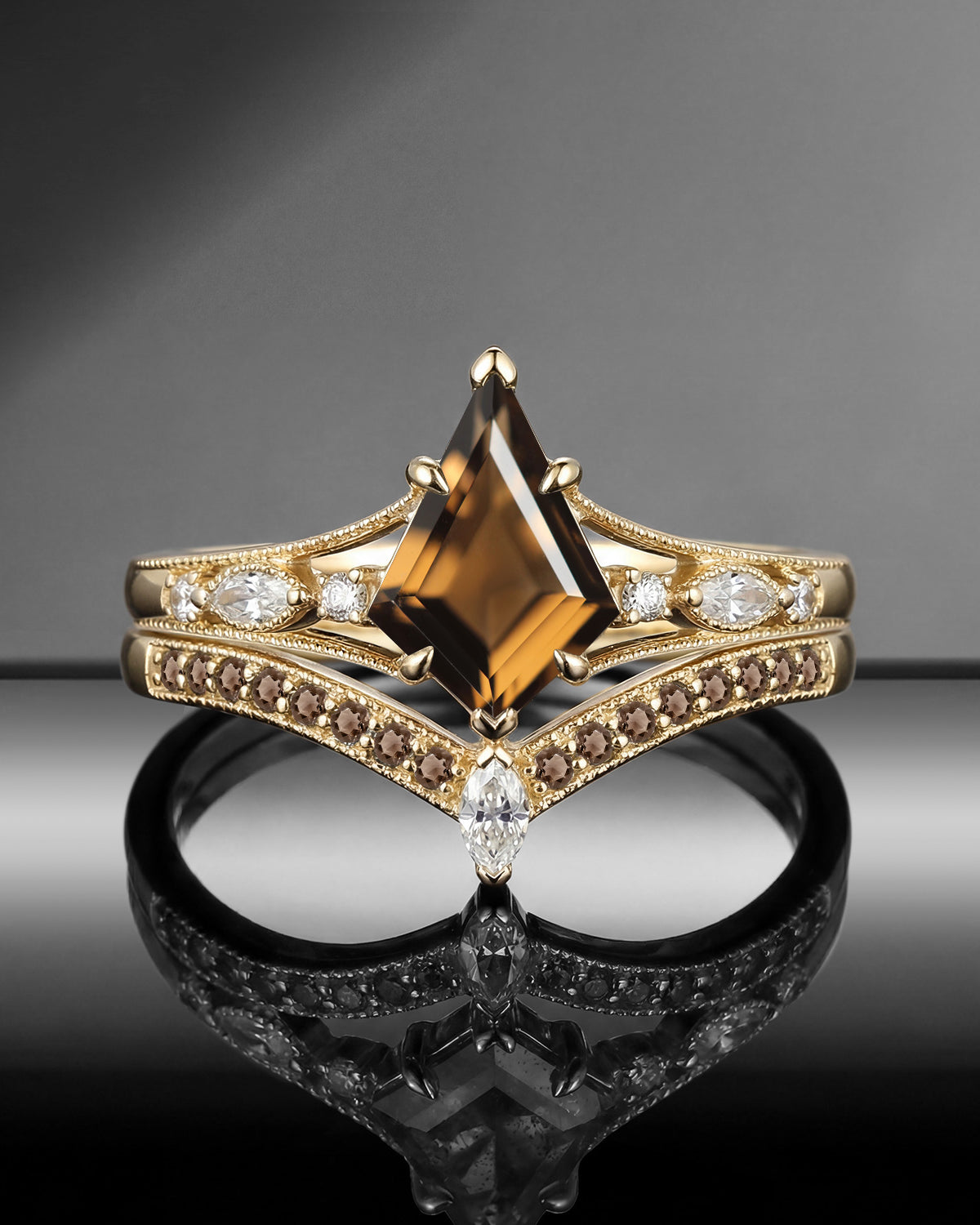 Vintage Art-Deco Kite Smokey Quartz Milgrain Split Shank Engagement Ring Set 2pcs