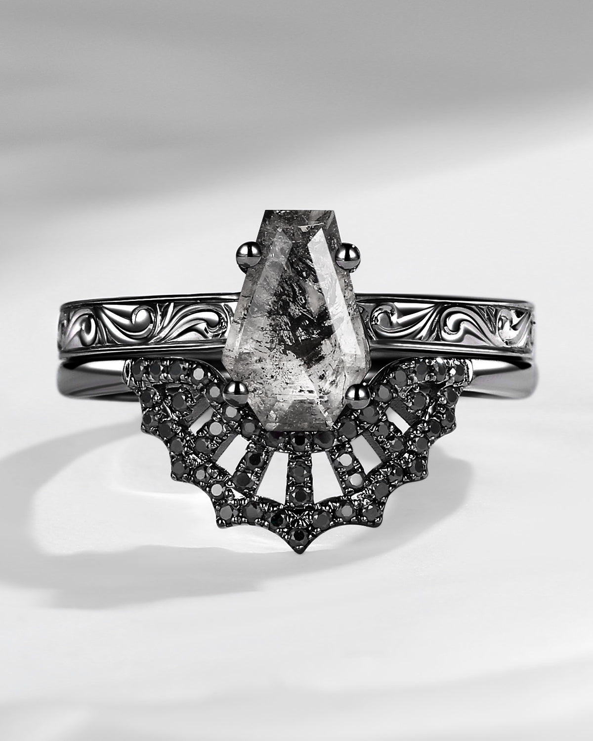 Vintage Filigree Coffin Spider Web Herkimer Diamond Engagement Ring Set 2pcs