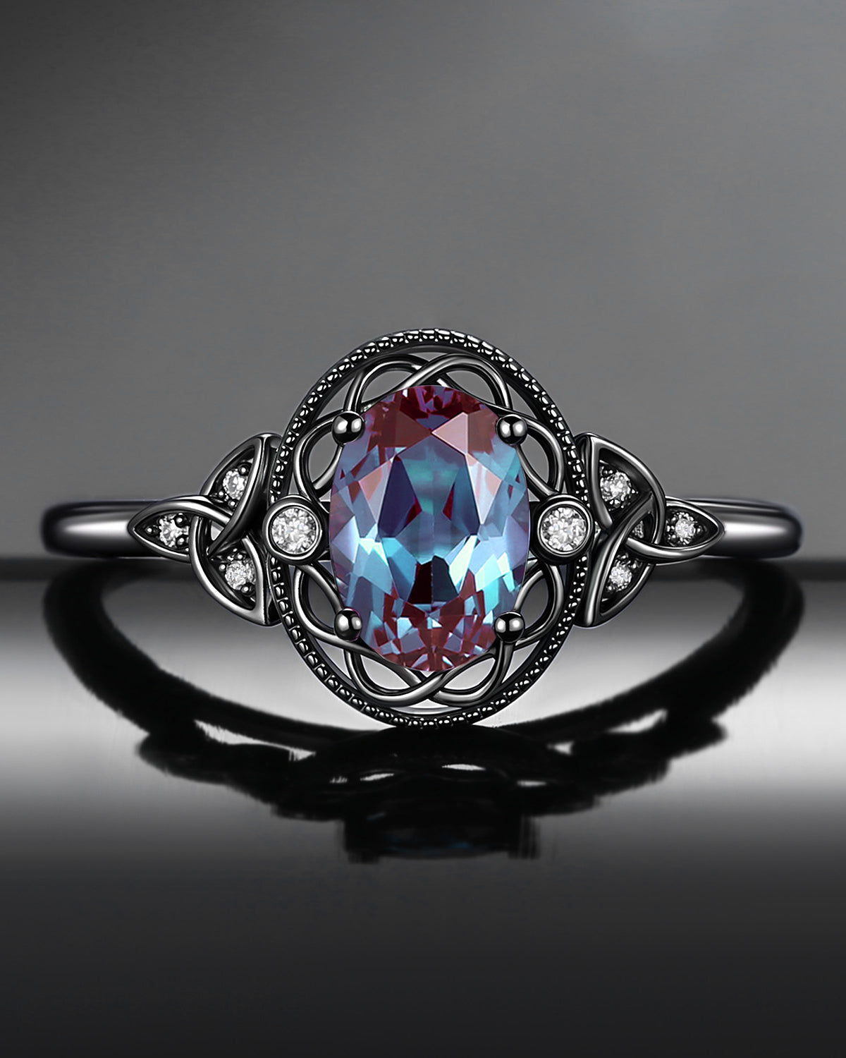 Vintage Filigree Oval Cut Lab Alexandrite Celtic Engagement Ring