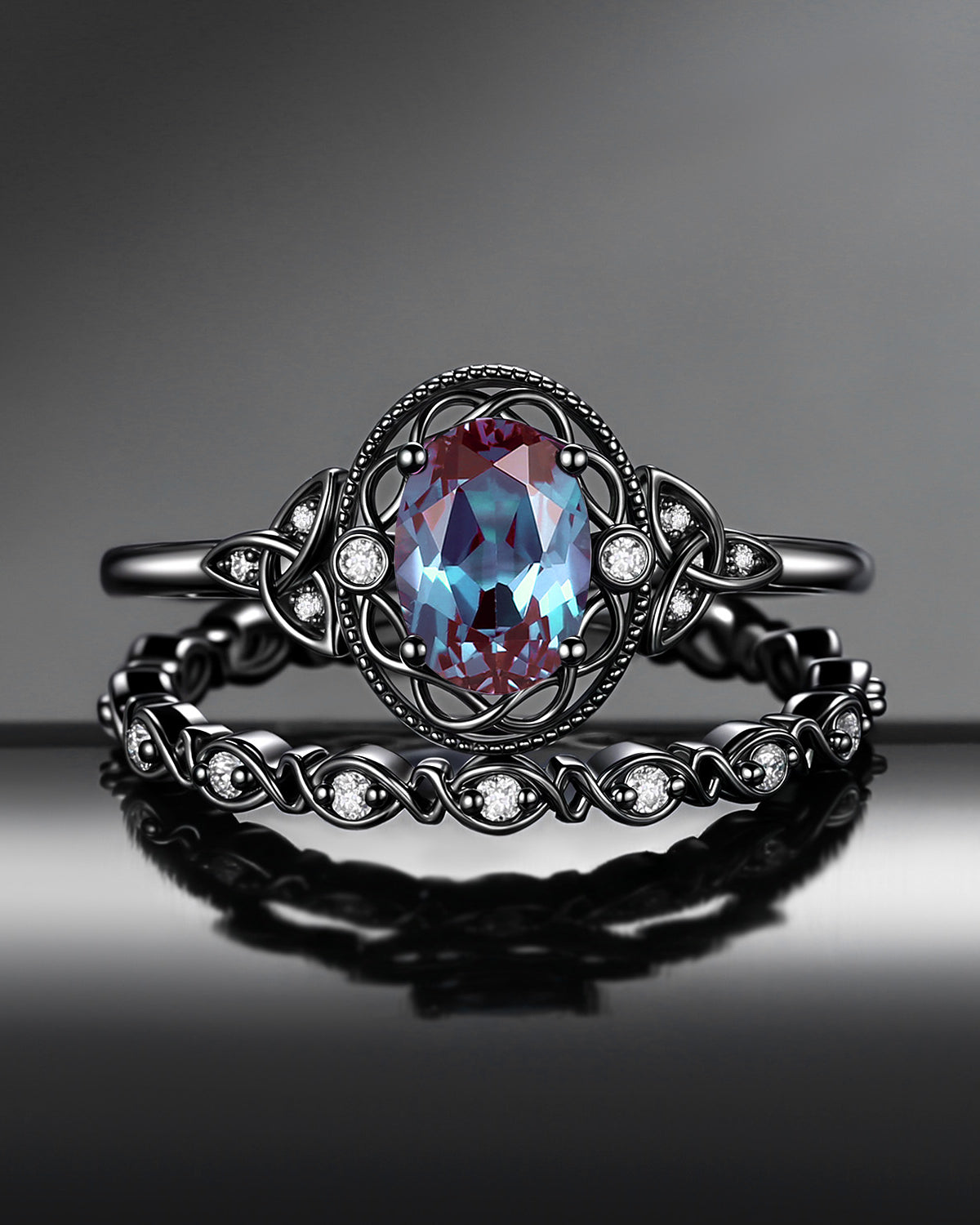 Vintage Filigree Oval Cut Lab Alexandrite Celtic Engagement Ring Set Bridal Set 2pcs