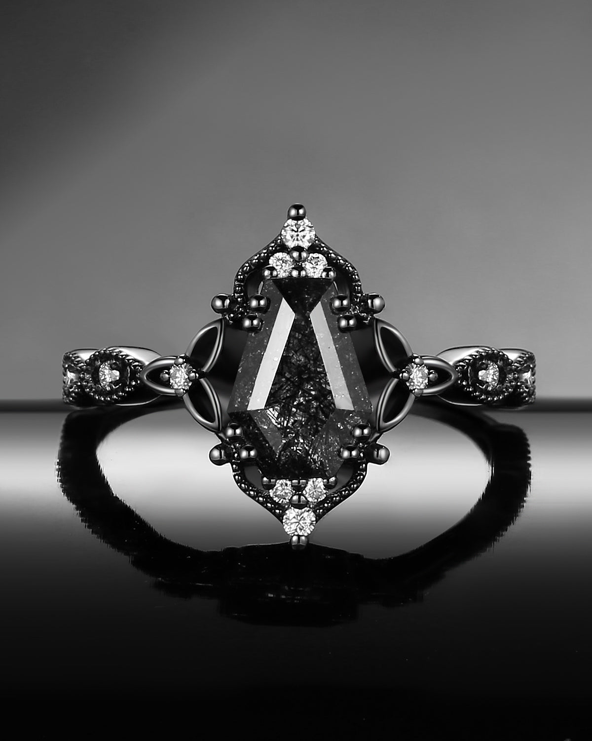 Vintage Inspired Coffin Cut Black Rutilated Quartz Celtic Engagement Ring