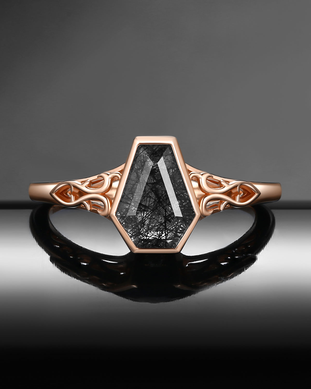 Vintage Inspired Coffin Cut Black Rutilated Quartz 'Thorns & Roses' Engagement Ring
