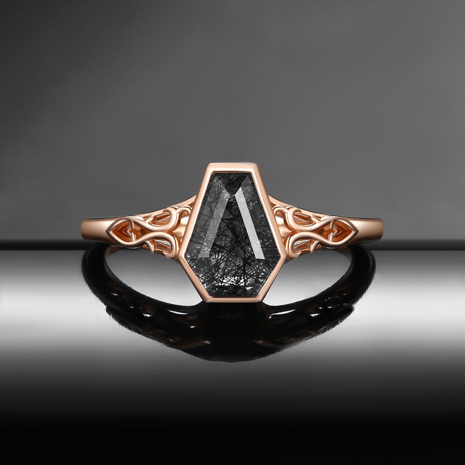 Vintage Inspired Coffin Cut Black Rutilated Quartz 'Thorns & Roses' Engagement Ring