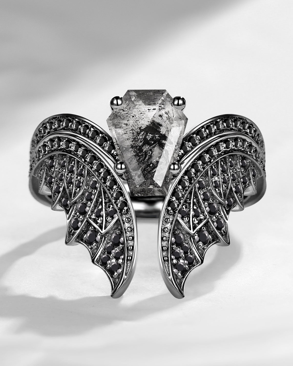 Vintage Inspired Coffin Cut Herkimer Diamond Black Gold Engagement Ring Bridal Set 2pcs - Bat Ring