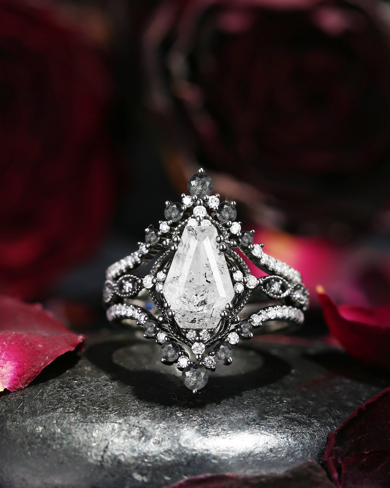 Vintage Inspired Coffin Cut Herkimer Diamond Black Gold Ring Bridal Set 3pcs