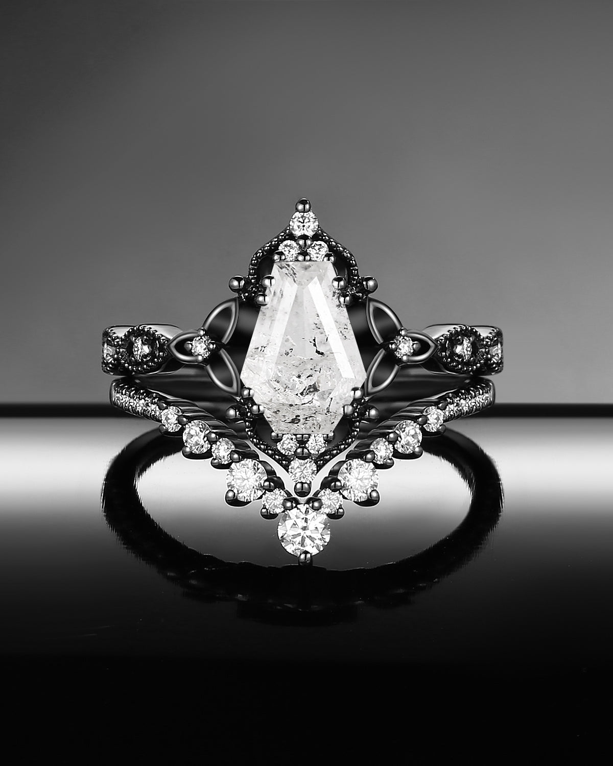 Vintage Inspired Coffin Cut Herkimer Diamond Celtic Engagement Ring Set 2pcs