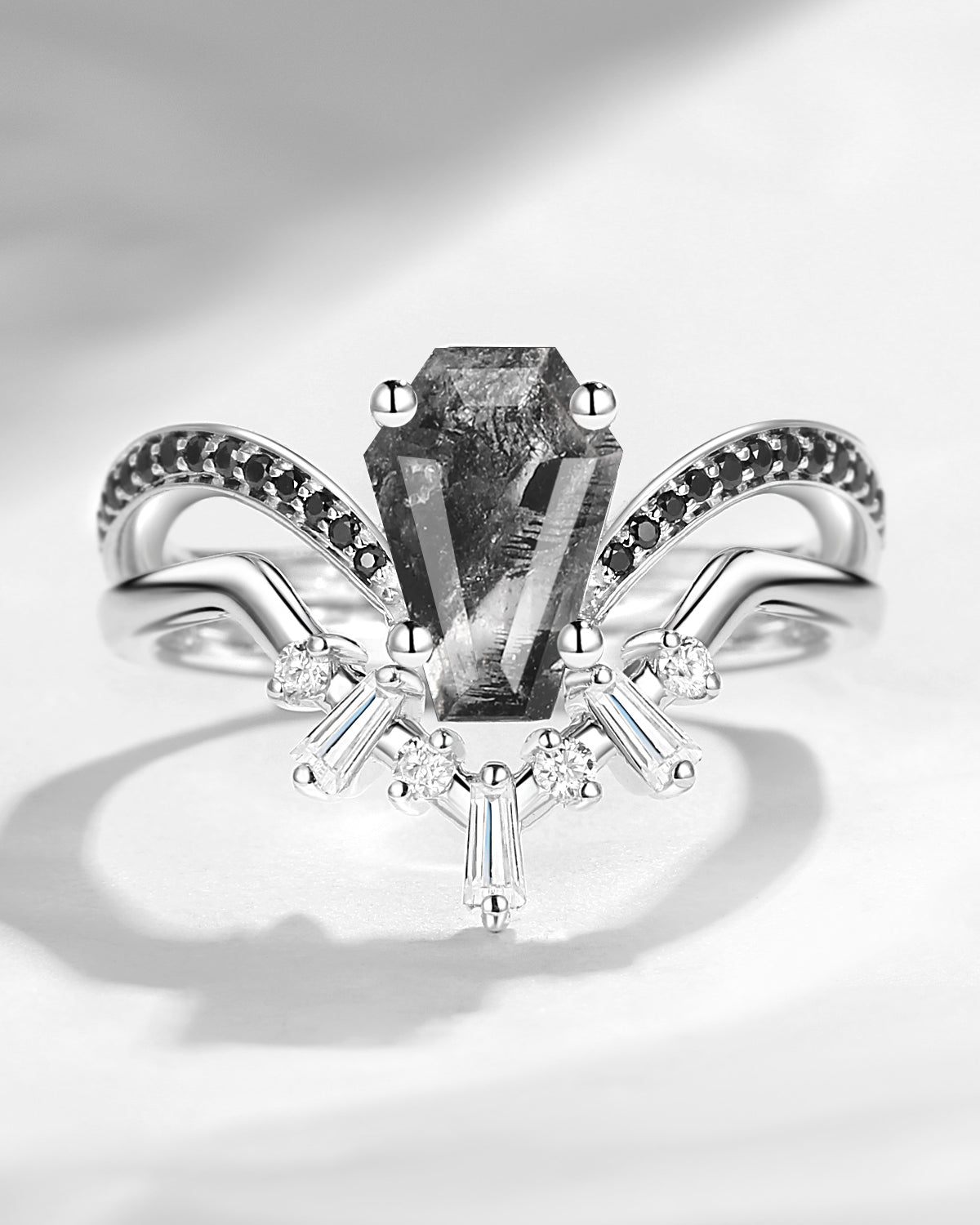 Vintage Inspired Coffin Cut Herkimer Diamond Curved Engagement Ring Bridal Set 2pcs