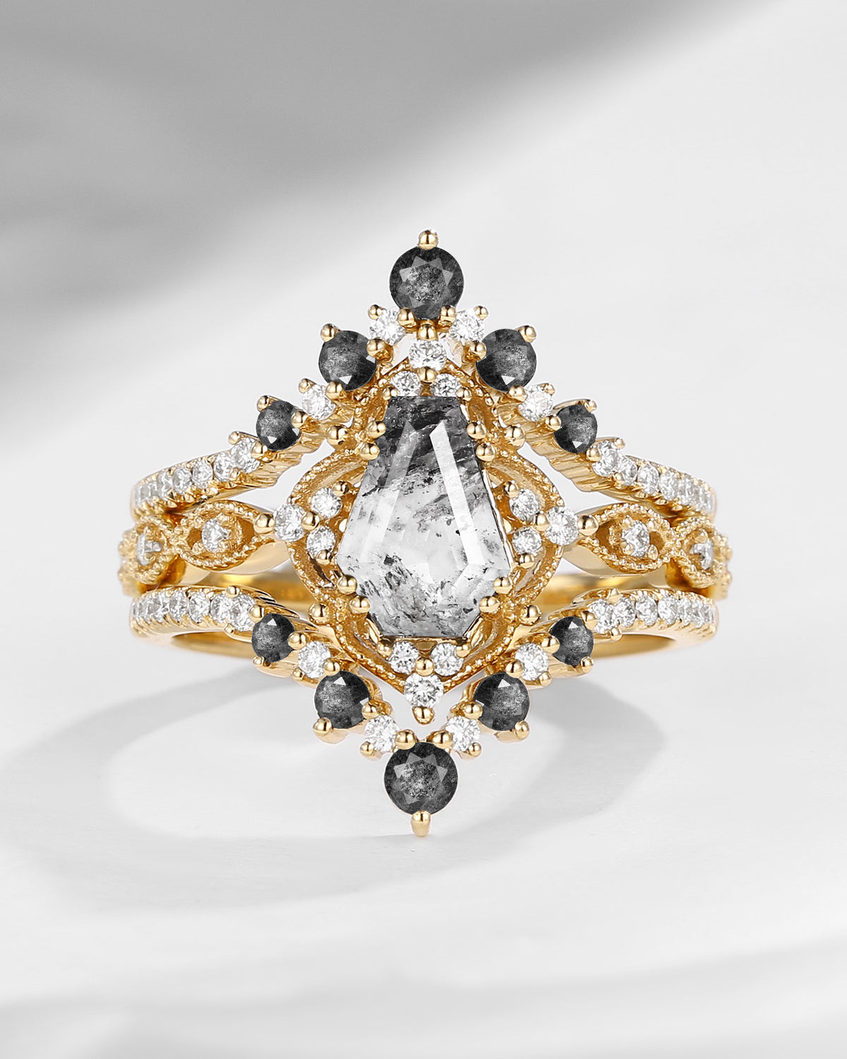 Vintage Inspired Coffin Cut Herkimer Diamond Engagement Ring Bridal Set 3pcs