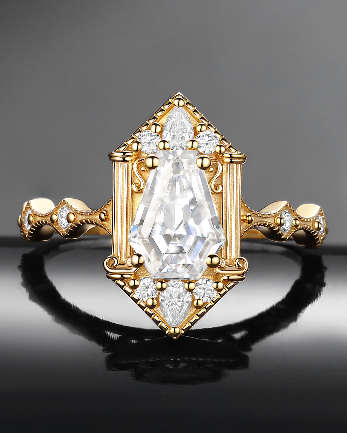Vintage Inspired Coffin Cut Moissanite Vampire Shield Fallen Aegis Engagement Ring