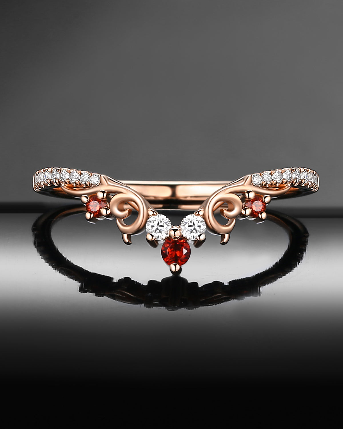 Vintage Inspired Gothic Art Deco Moissanite And Garnet Curved Wedding Band