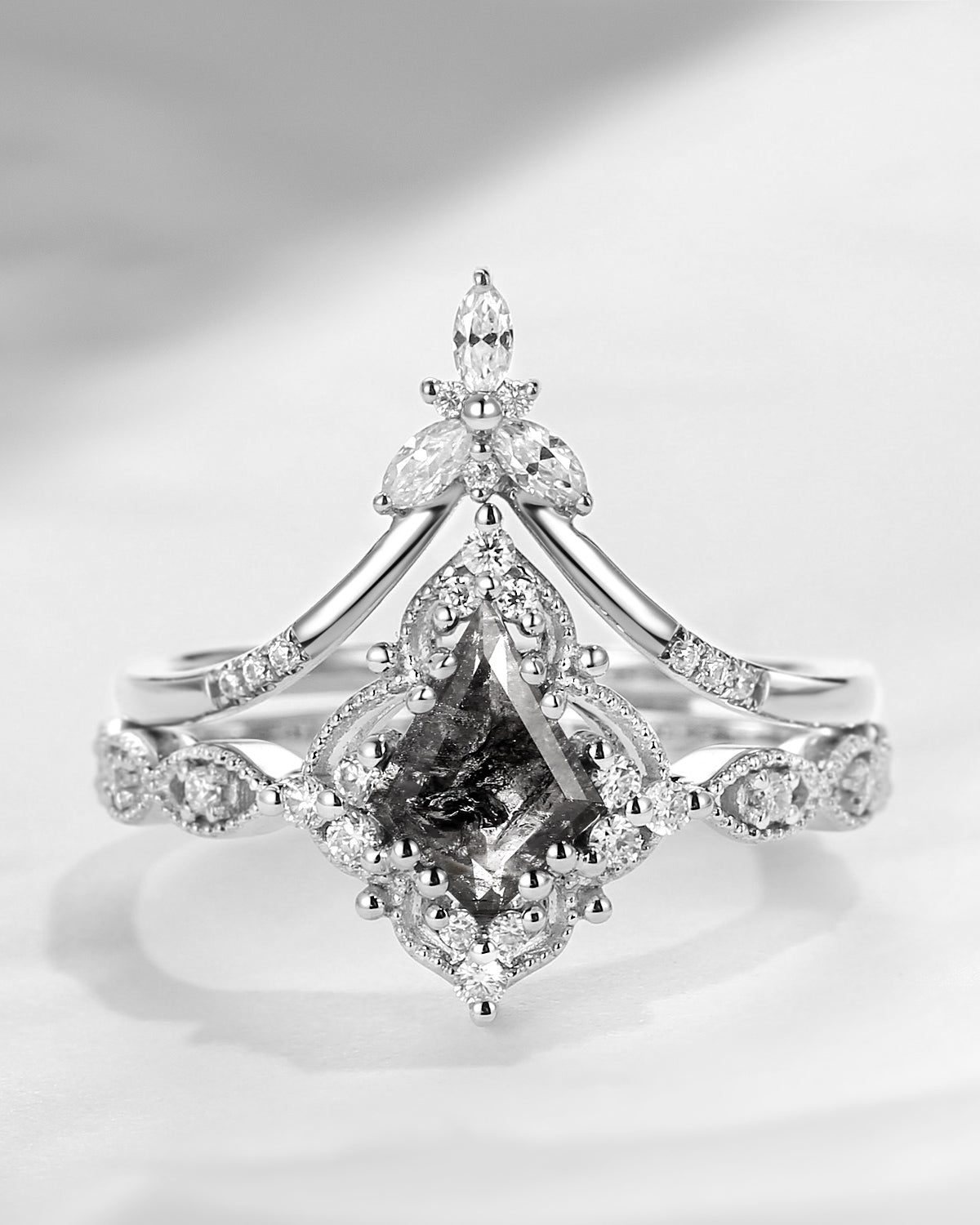Vintage Inspired Kite Cut Herkimer Diamond Engagement Ring Bridal Set 2pcs