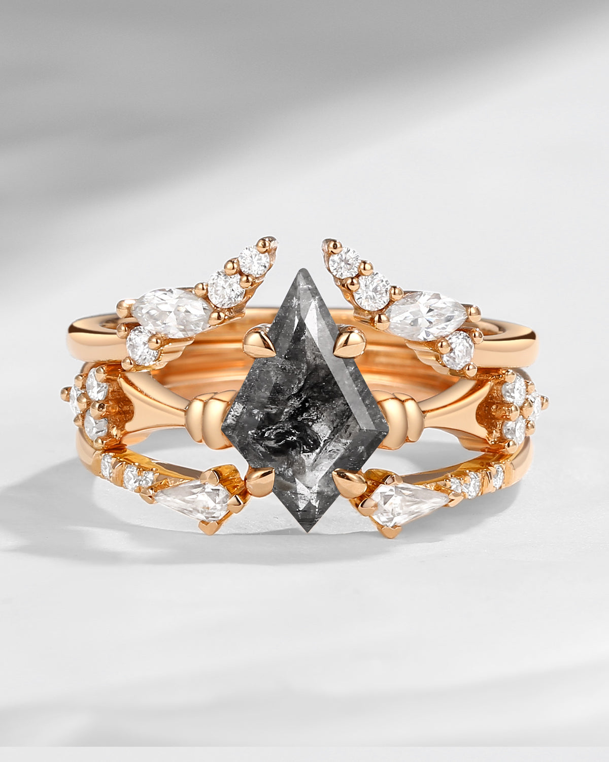 Vintage Inspired Kite Cut Herkimer Diamond Engagement Ring Bridal Set 3pcs