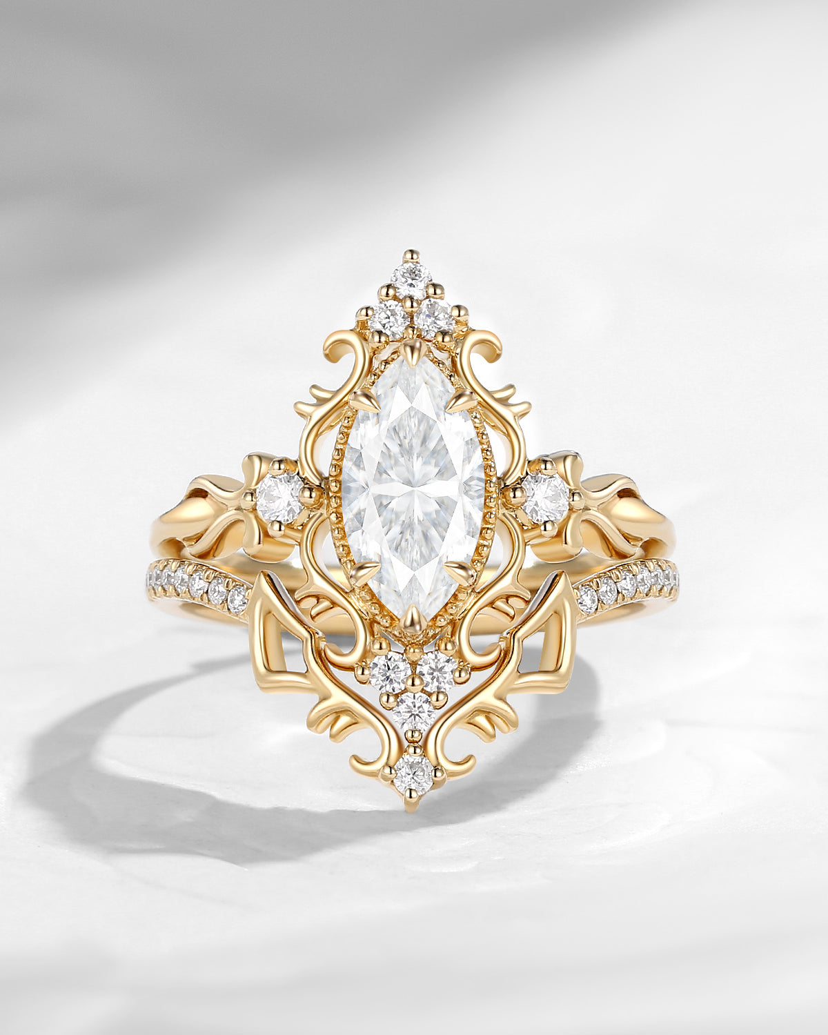 Vintage Inspired Marquise Cut Moissanite Unique Cluster Engagement Ring Bridal Set 2pcs