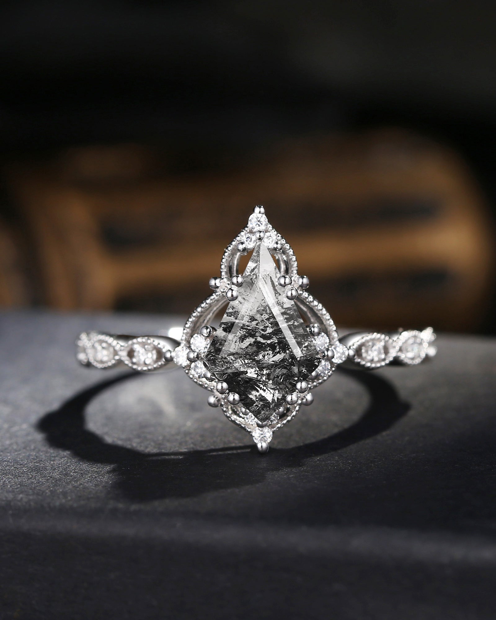 Vintage Inspired Milgrain Kite Cut Herkimer Diamond Engagement Ring
