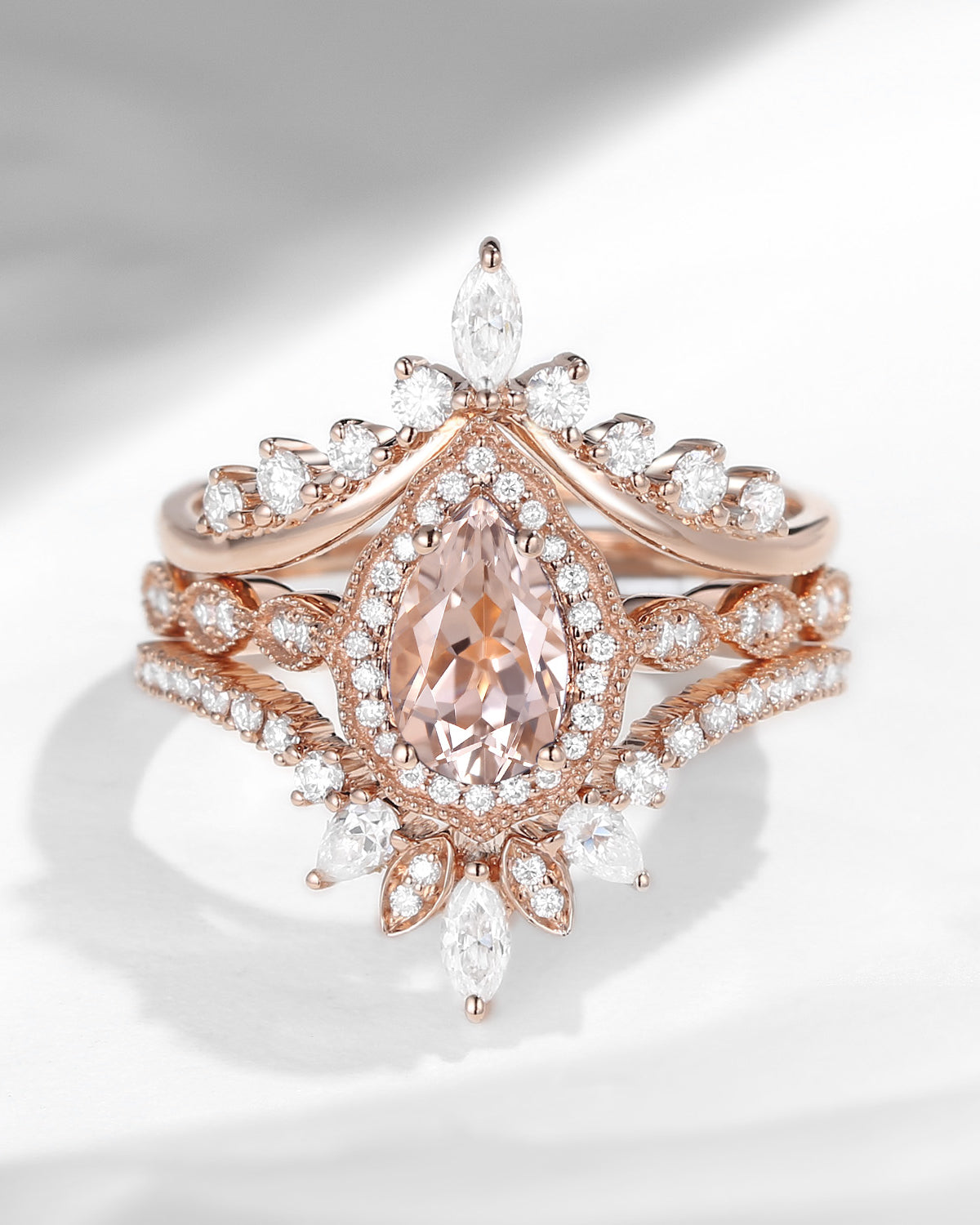 Vintage Inspired Pear Shaped Milgrain Morganite Engagement Ring Set 3pcs - Diva