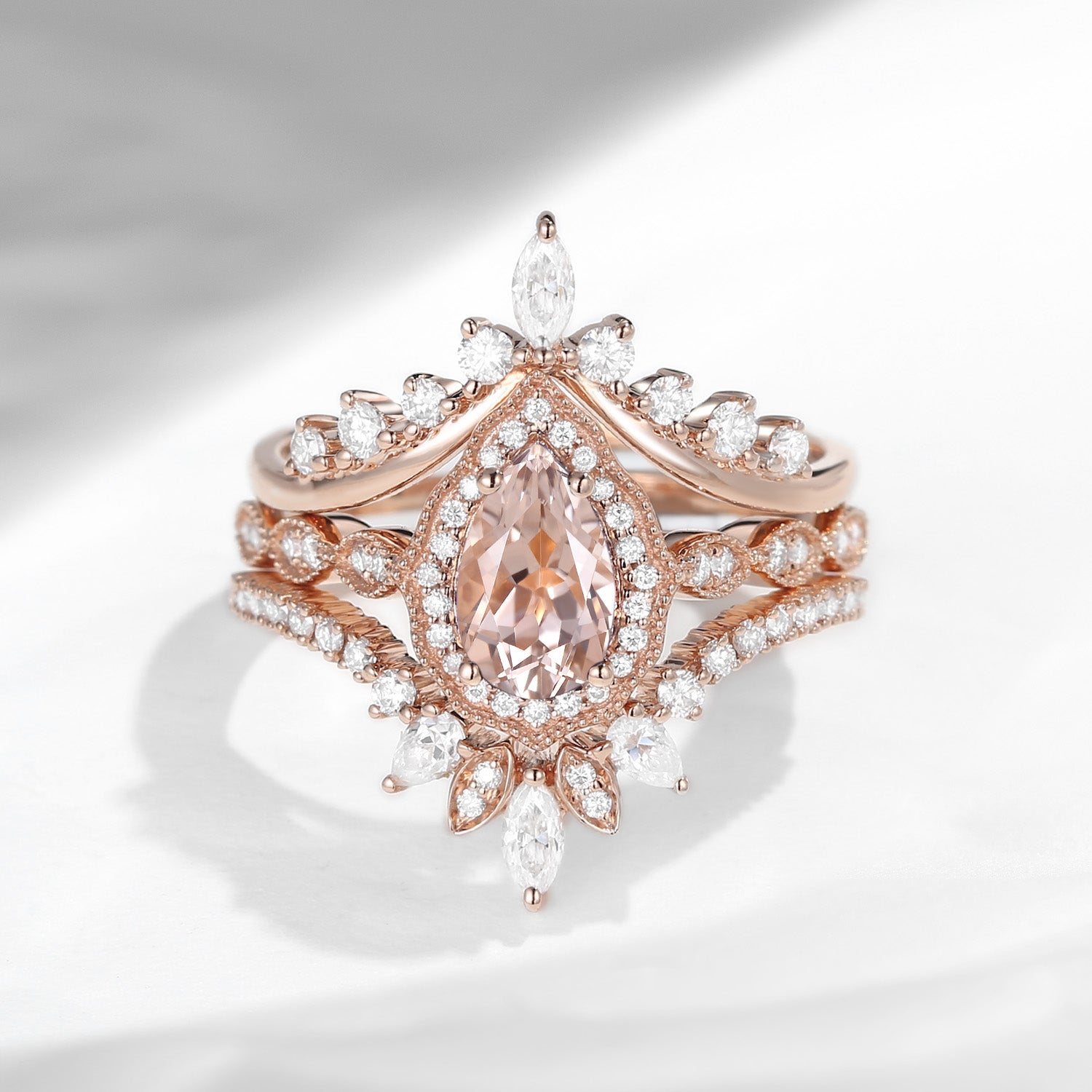 Vintage Inspired Pear Shaped Milgrain Morganite Engagement Ring Set 3pcs - Diva