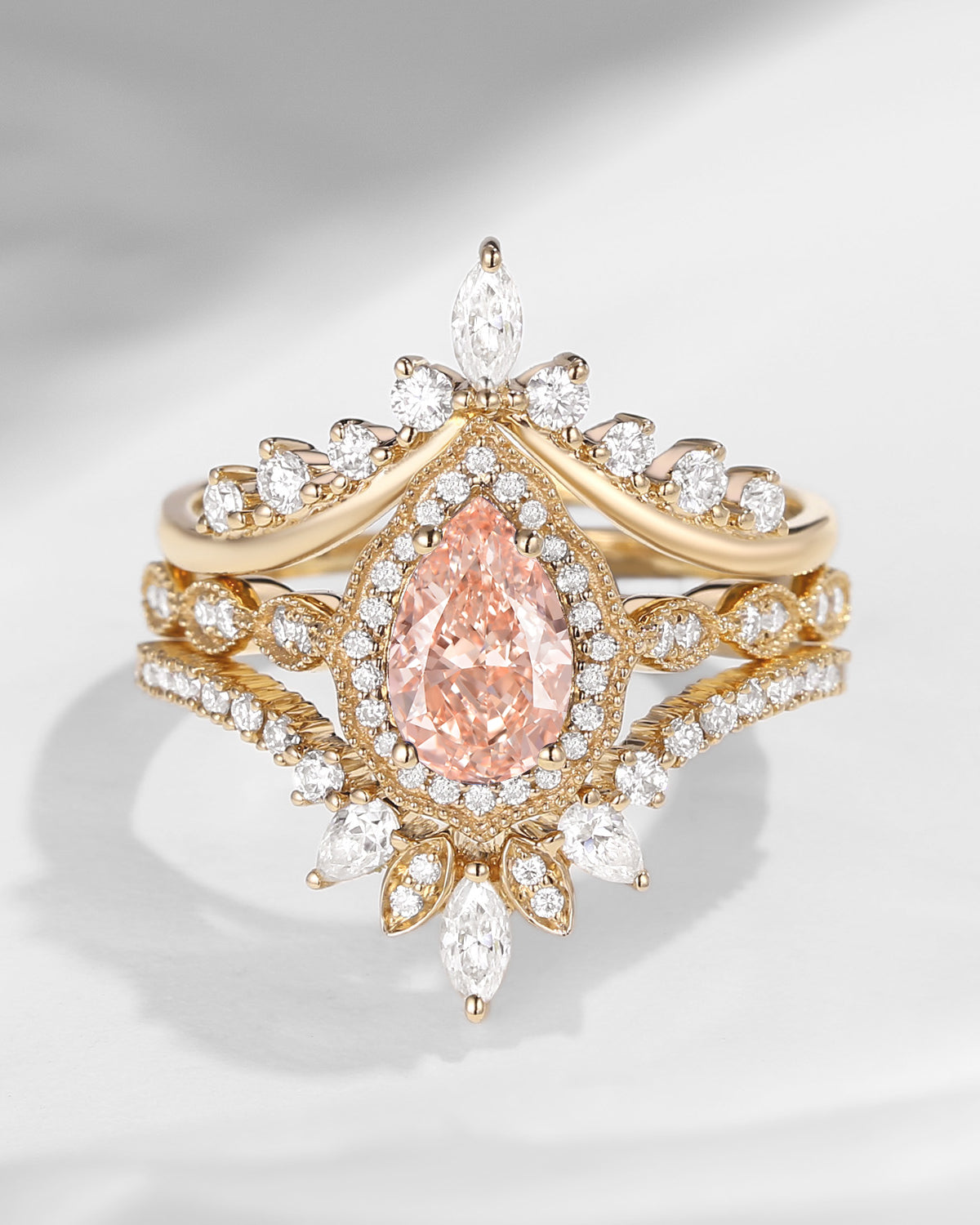 Vintage Inspired Pear Shaped Milgrain Pink Lab Diamond Engagement Ring Set 3pcs - Diva