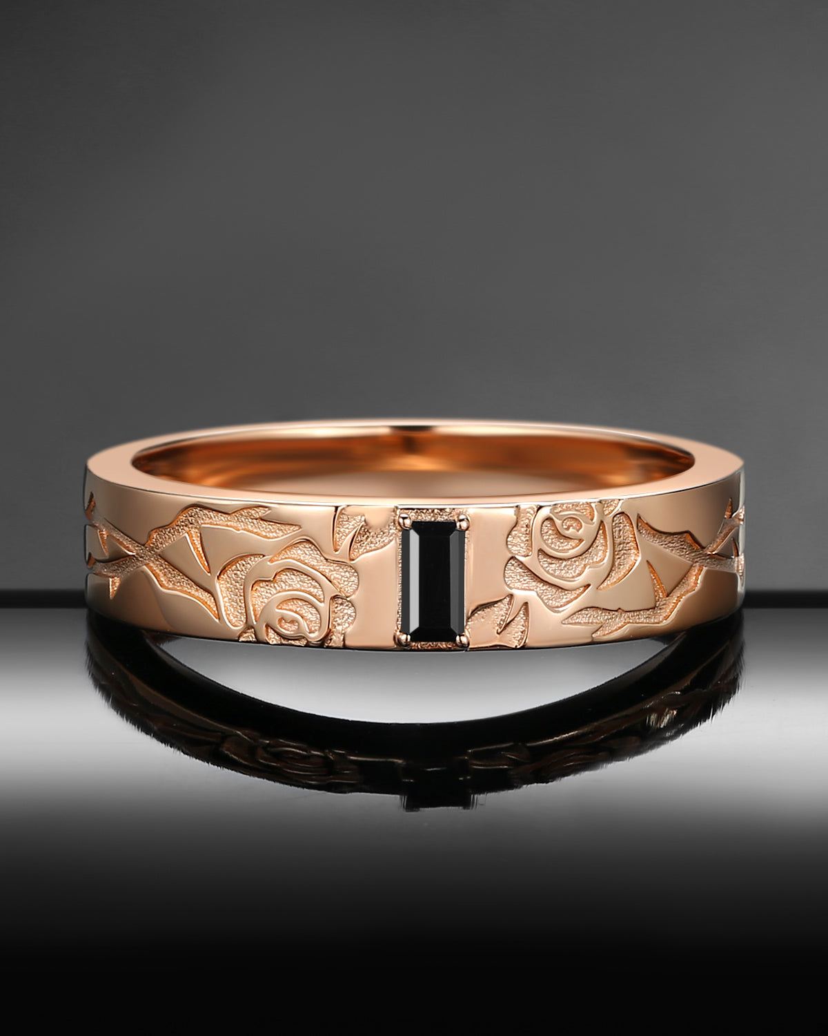 Vintage Inspired Rectangular Cut Black Moissanite 'Thorns & Roses' Filigree Wedding Band - Everlasting Love