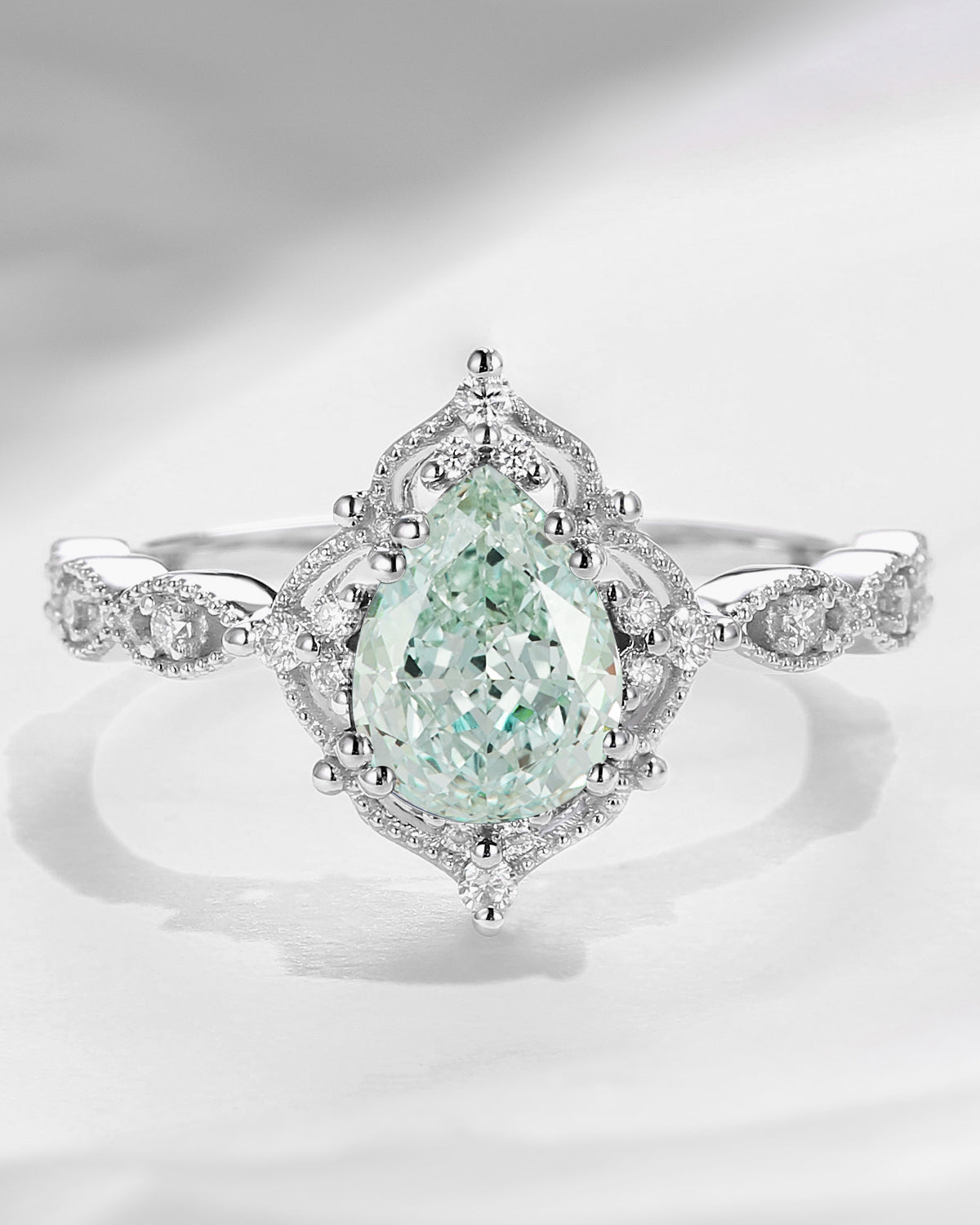 Vintage Pear Shaped Green Lab Diamond Engagement Ring