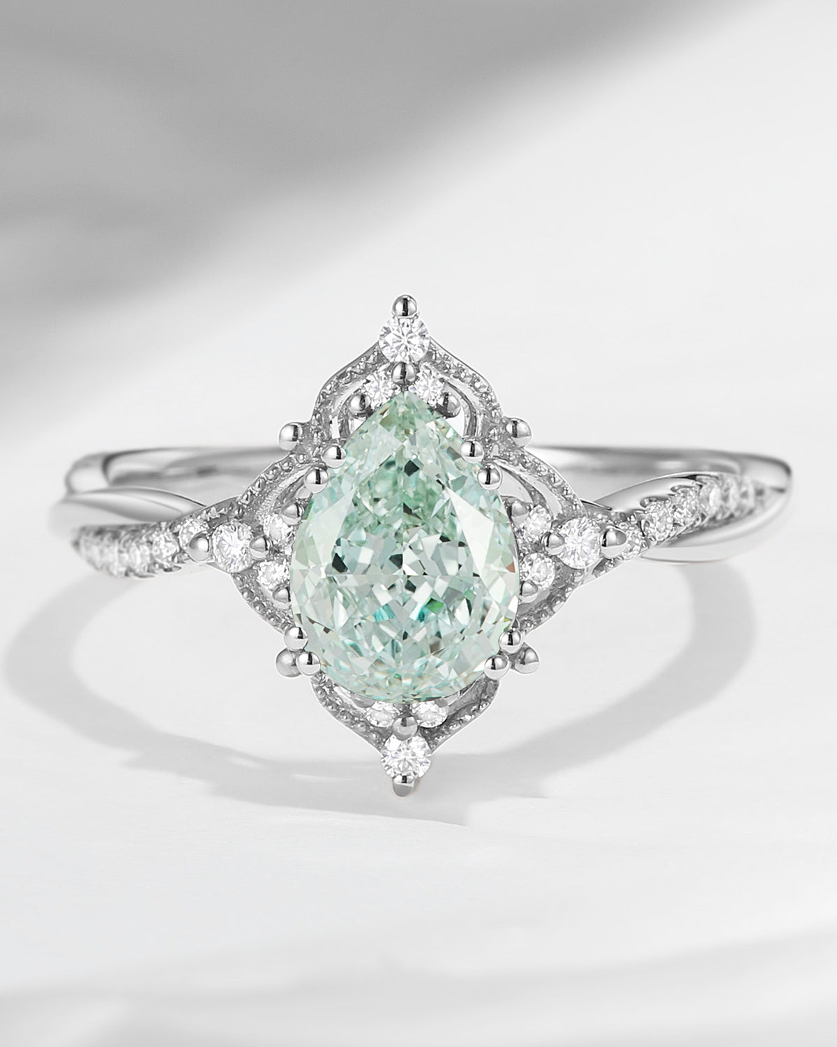 Vintage Style Pear Shaped Green Lab Diamond Infinity Engagement Ring