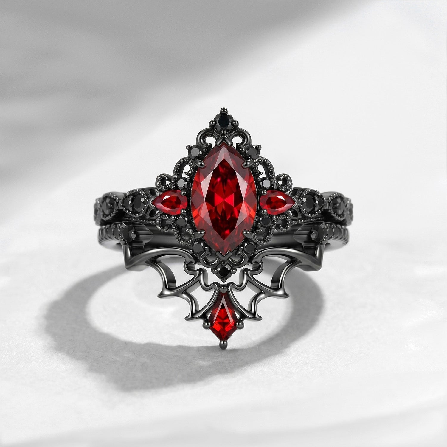 Bat Ring - Gothic Marquise Cut Red Garnet Engagement Ring Set with Bat Wing Inspired Band
