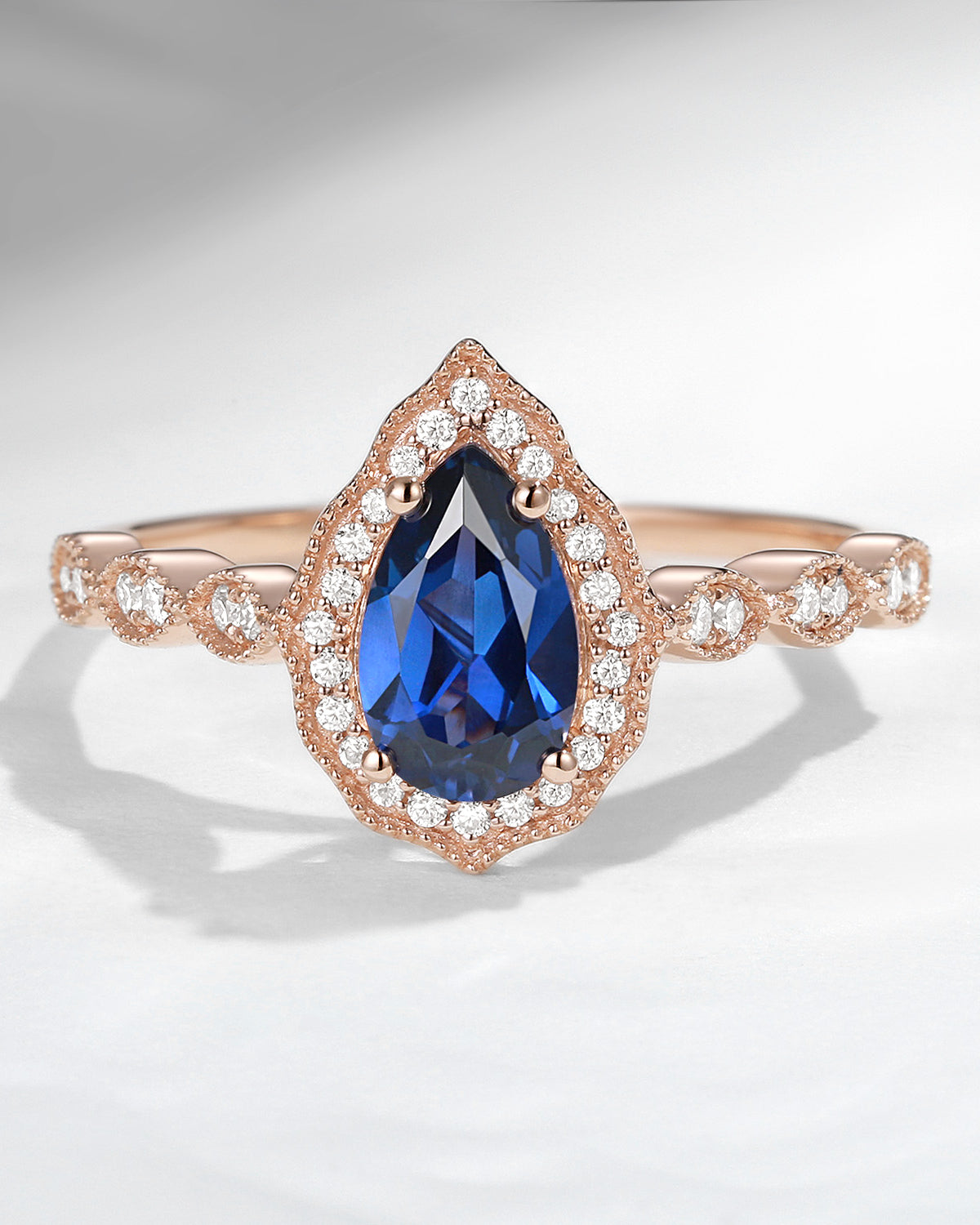 Vintage Pear Cut Lab Sapphire Engagement Halo Ring