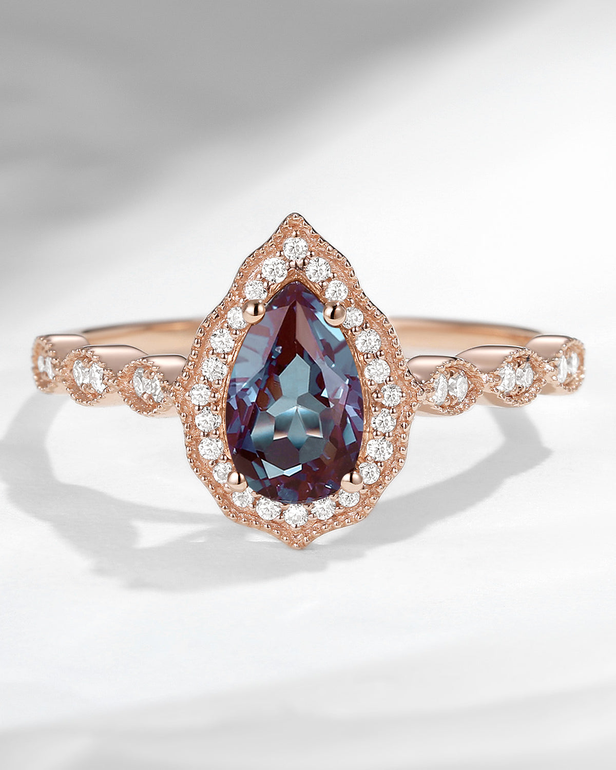 Vintage Pear Cut Alexandrite Engagement Halo Ring